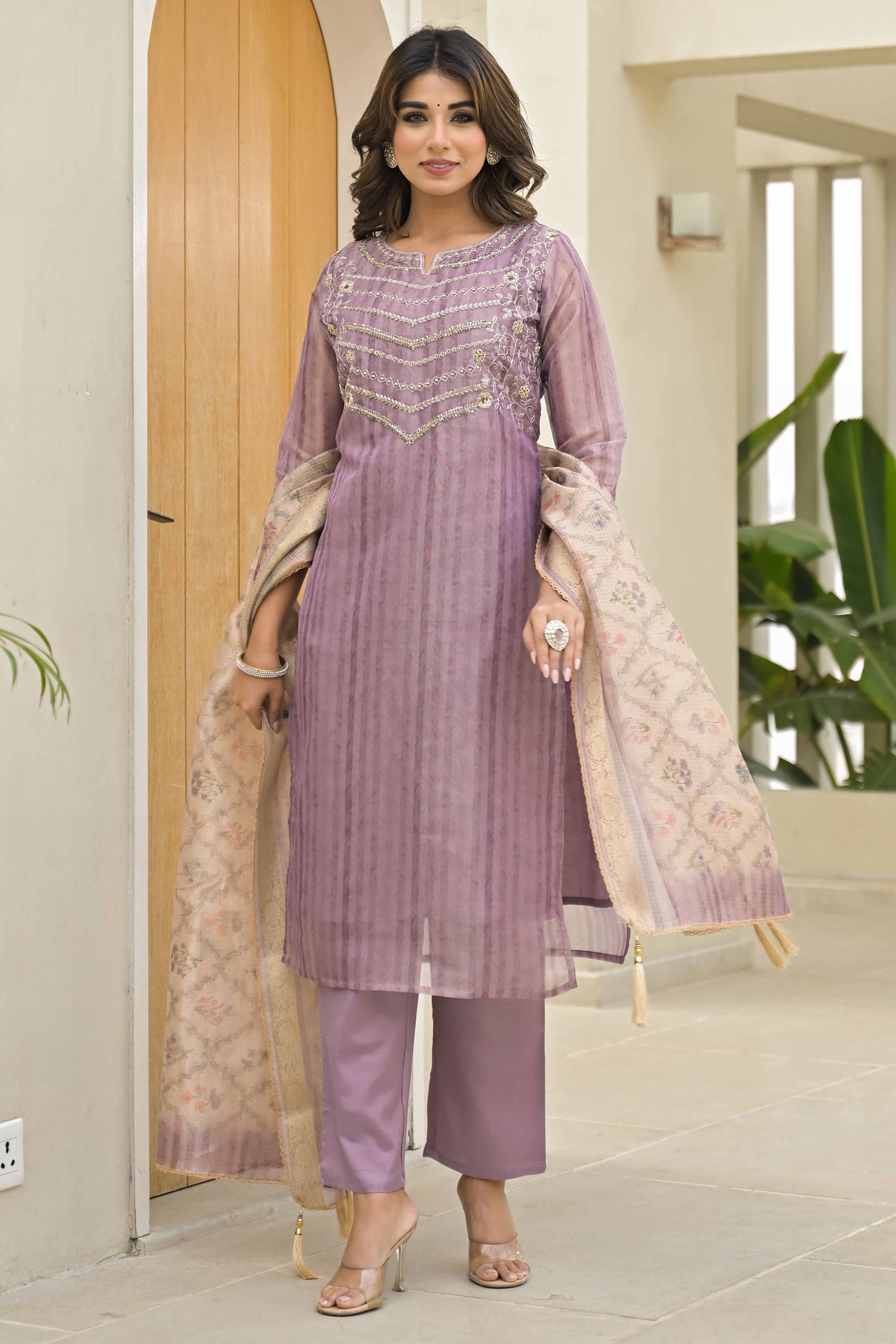 Peachmode Lavender Embroidered Handwork Crush Chanderi Salwar Suit