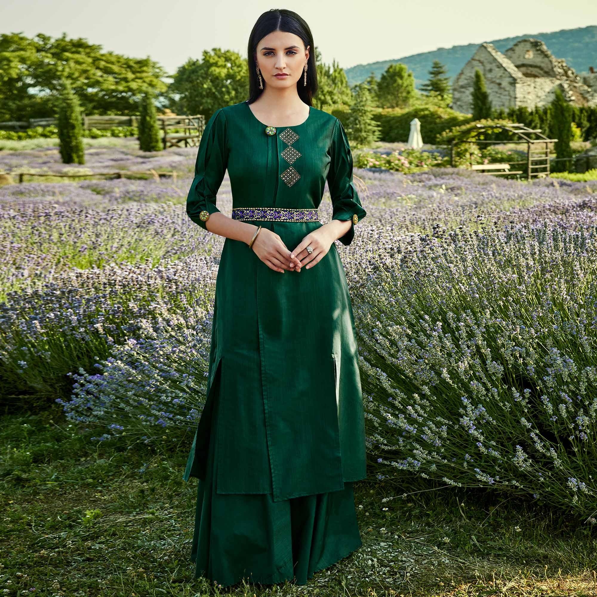 Peachmode Seller Capricious Dark Green Colored Partywear Embroidered Silk-Cotton Slub Gown