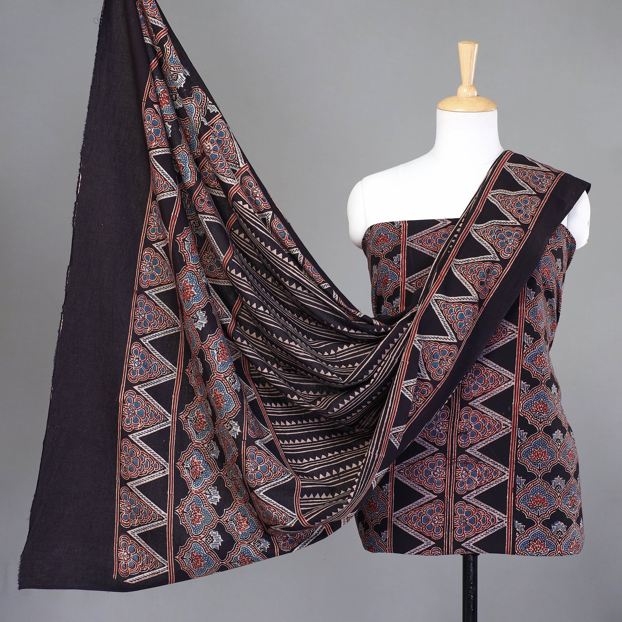 KACHCHH JI CHHAAP Black - 3pc Ajrakh Hand Block Printed Cotton Suit Material Set