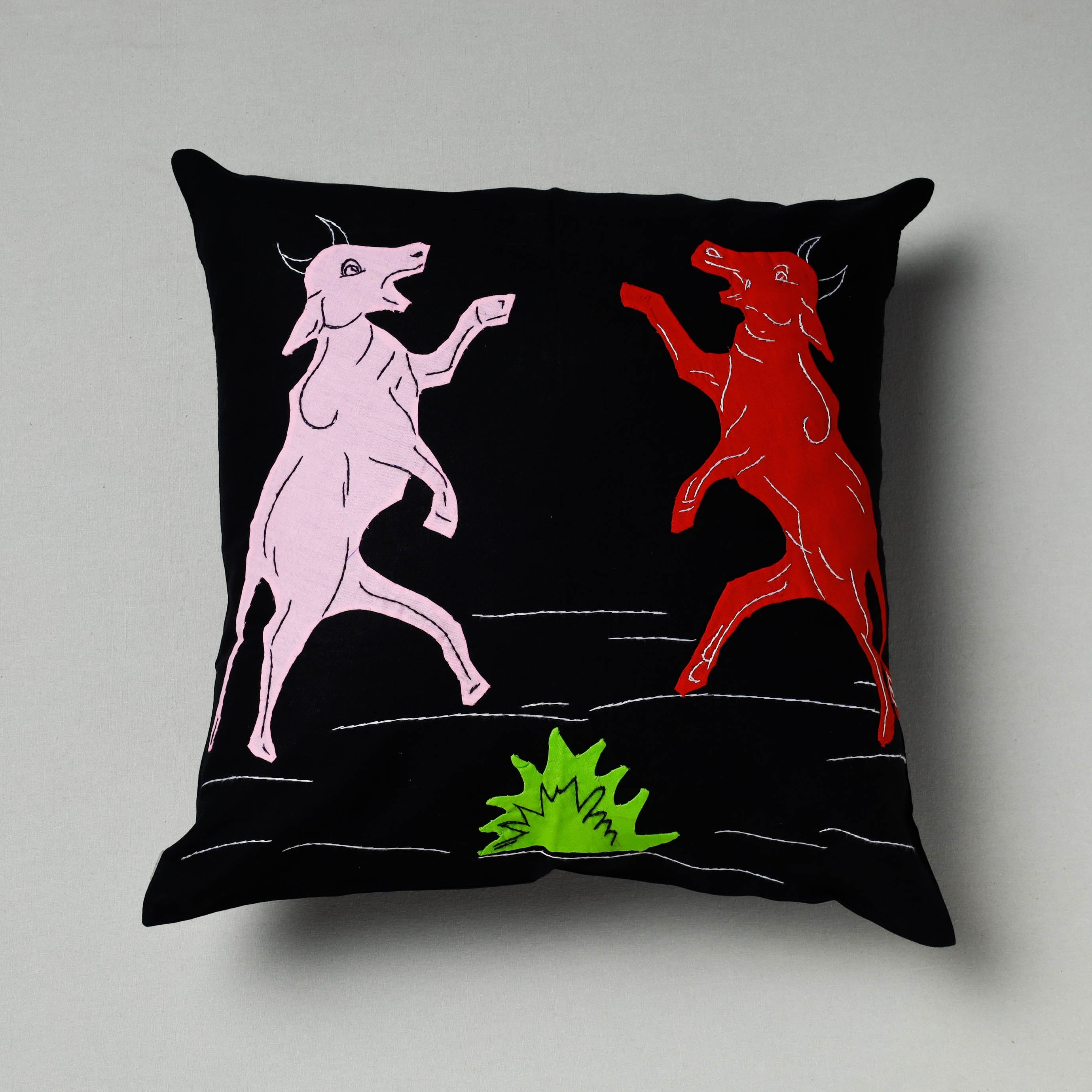 ASHOKA ASSEMBLE - CELEBRATING CRAFTS OF ODISHA Black - Pipli Applique Work Cotton Cushion Cover (16 x 16 in)