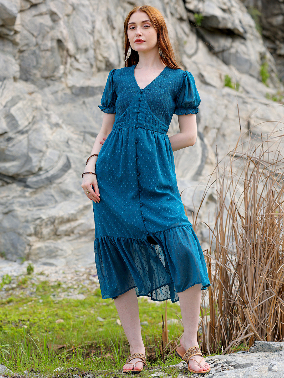 Freehand by The Indian Garage Co Women's Teal Fit and Flare Textured V neck Tiered Dress