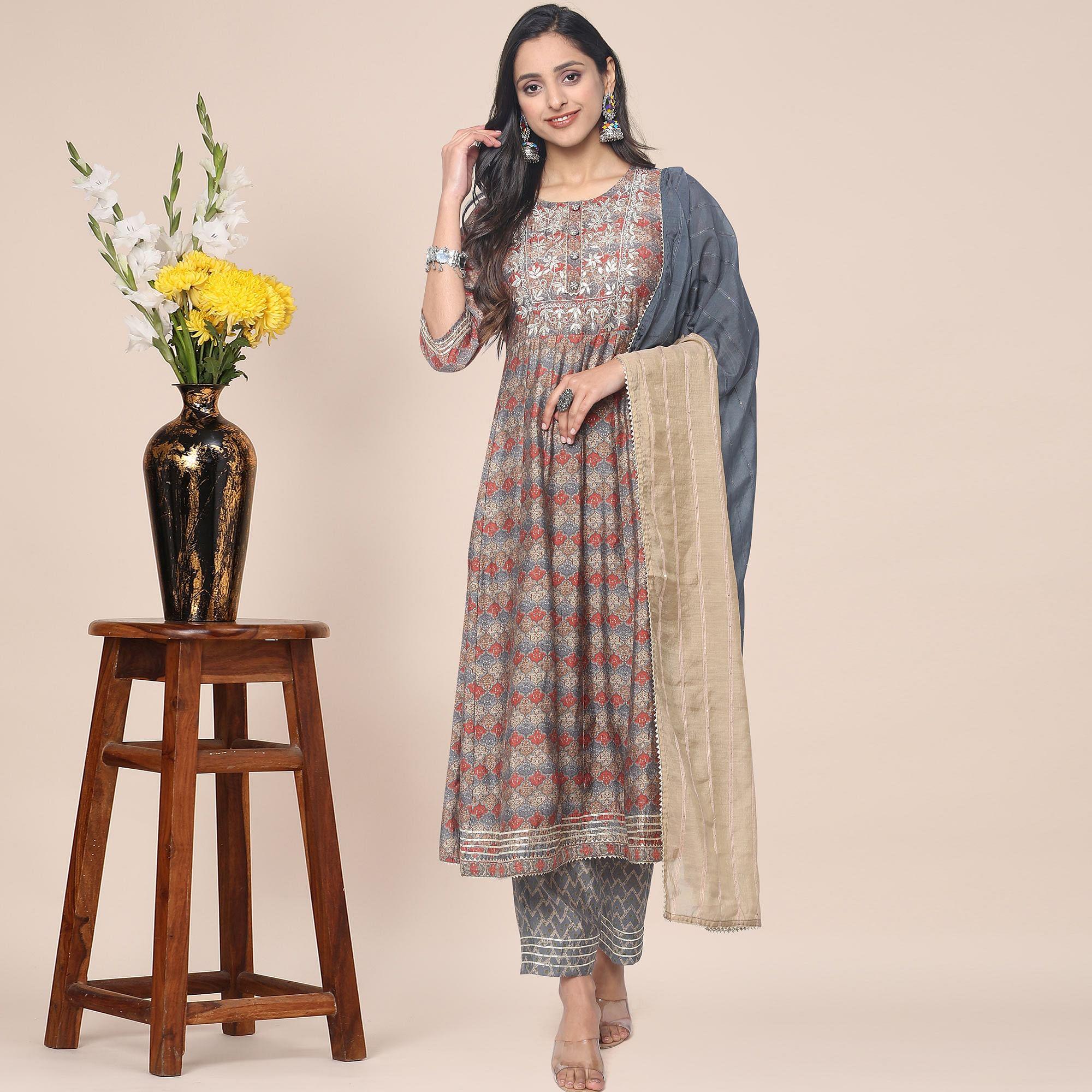 Peachmode Brown Patywear Floral Embroidered With Print Cotton Anarkali Suit