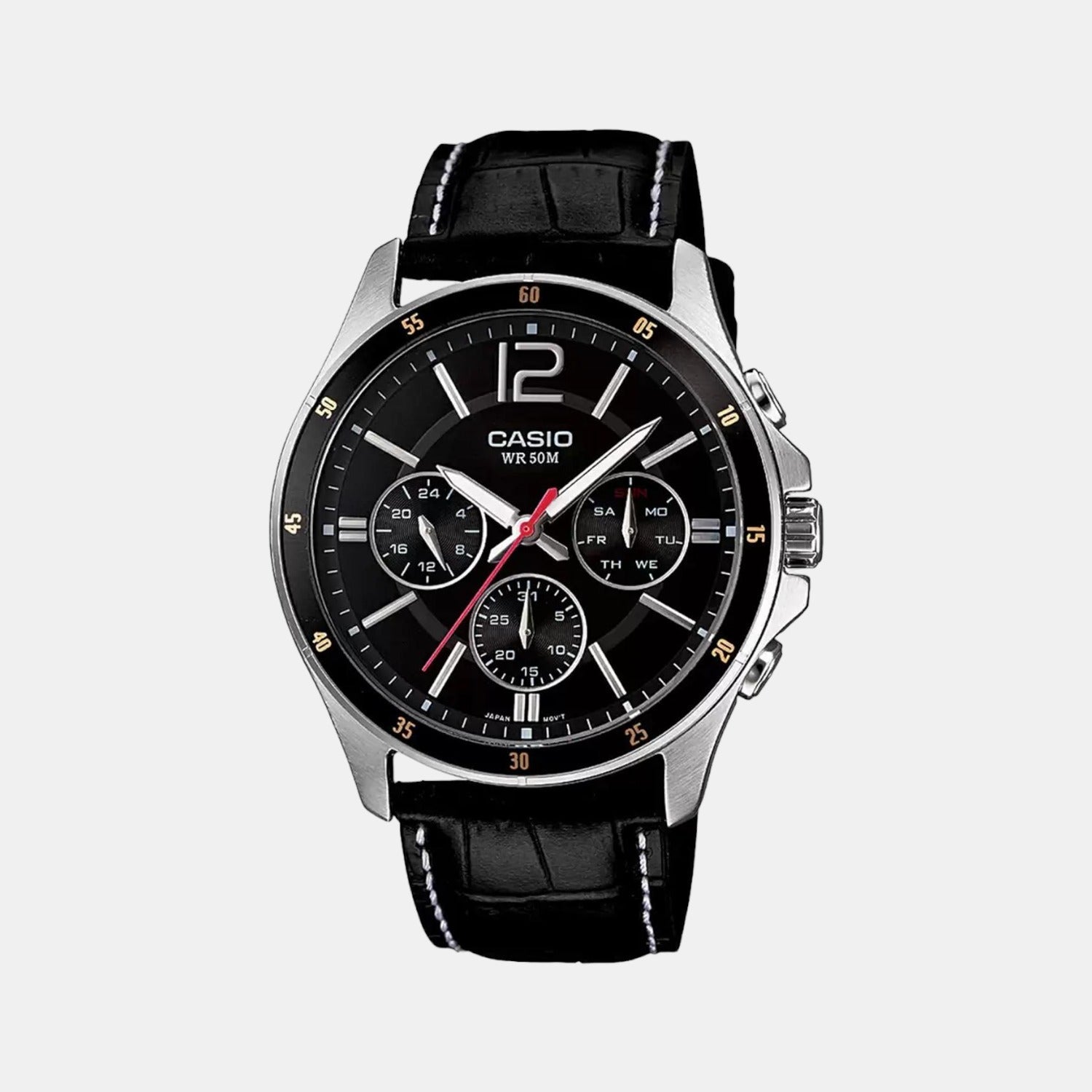 Casio Enticer Men Quartz Black Dial Chronograph Leather Watch A834