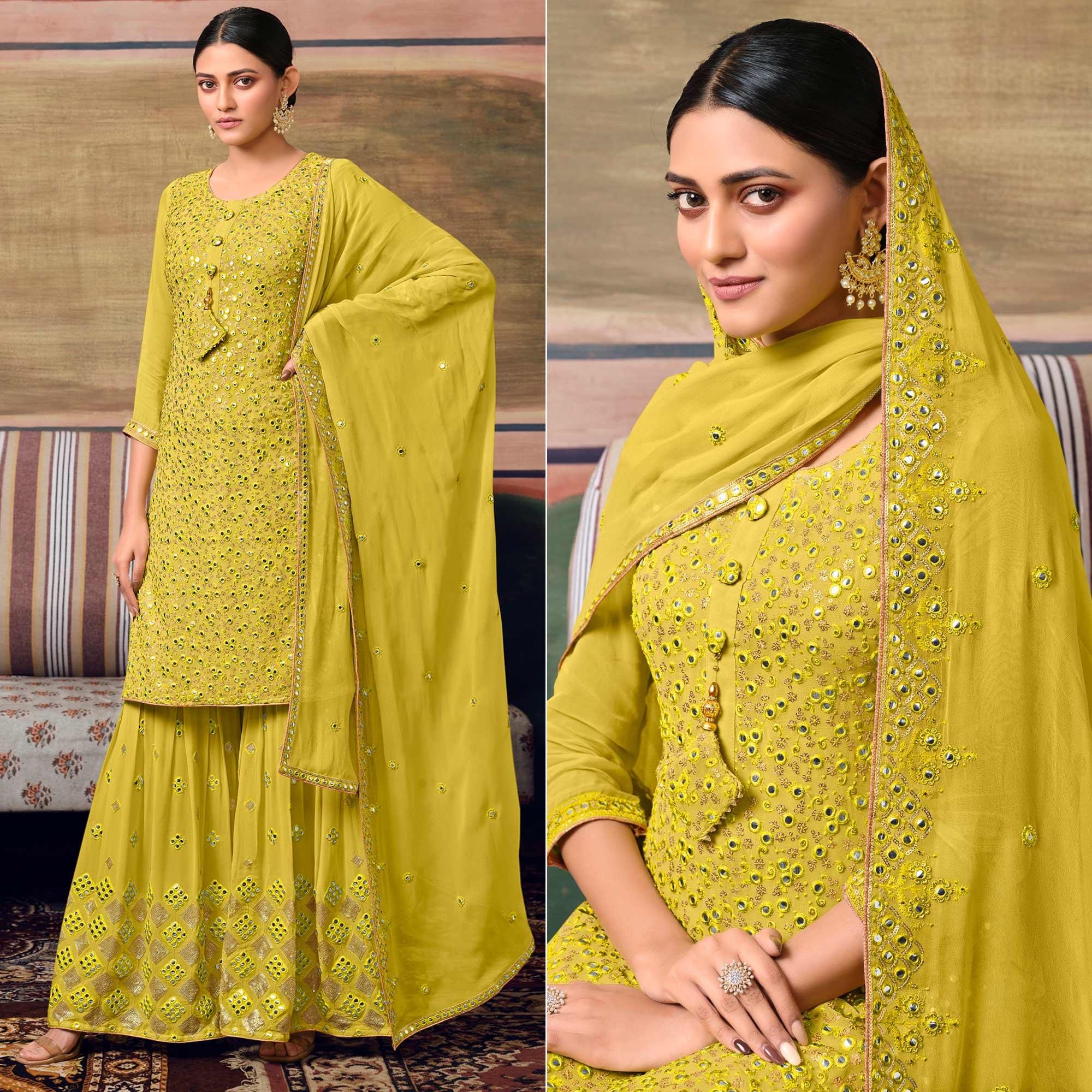 Peachmode Lemon Green Partywear Embroidery With Embellished Georgette Sharara Suit