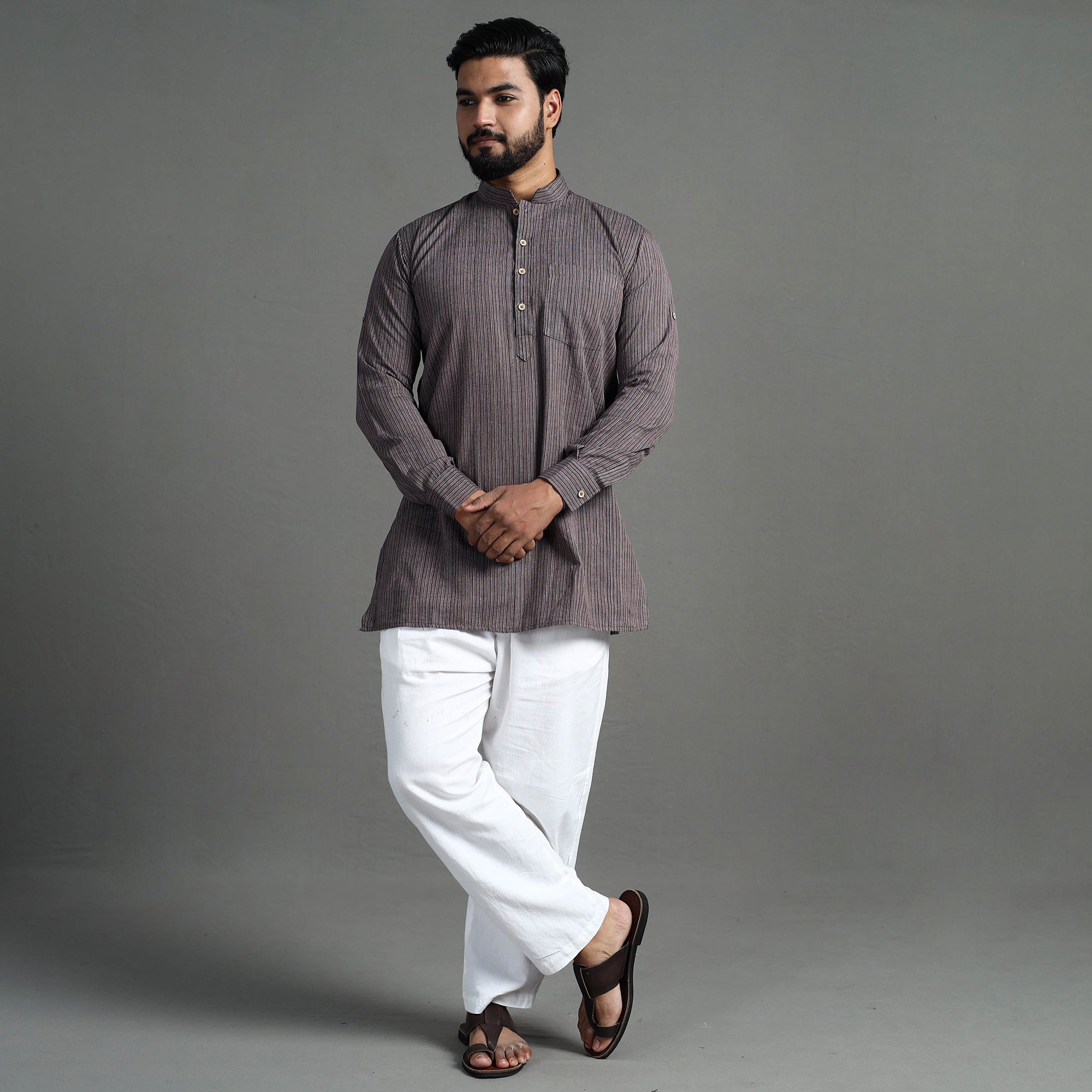 ITOKRI CASUALS Brown - Handloom Cotton Stripe Men Short Kurta - view 2