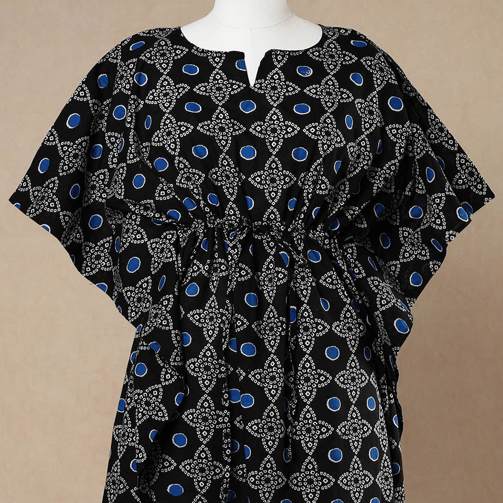 CHUTNEY CRAFT STUDIO Black - Hand Block Printed Cotton Kaftan with Tie-Up Waist (Long) - view 2