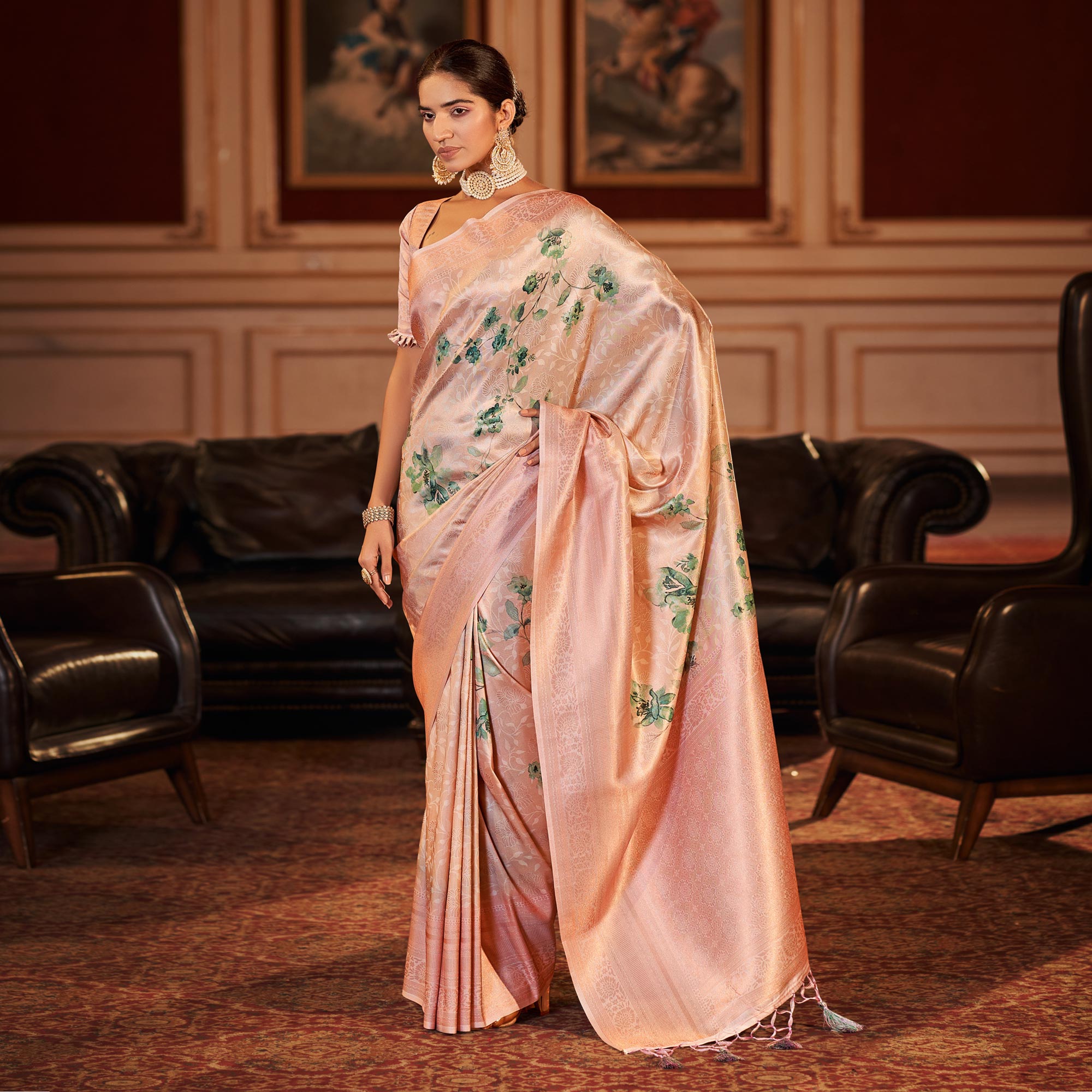 Peachmode Light Peach Woven Jacquard Saree With Tassels - view 2