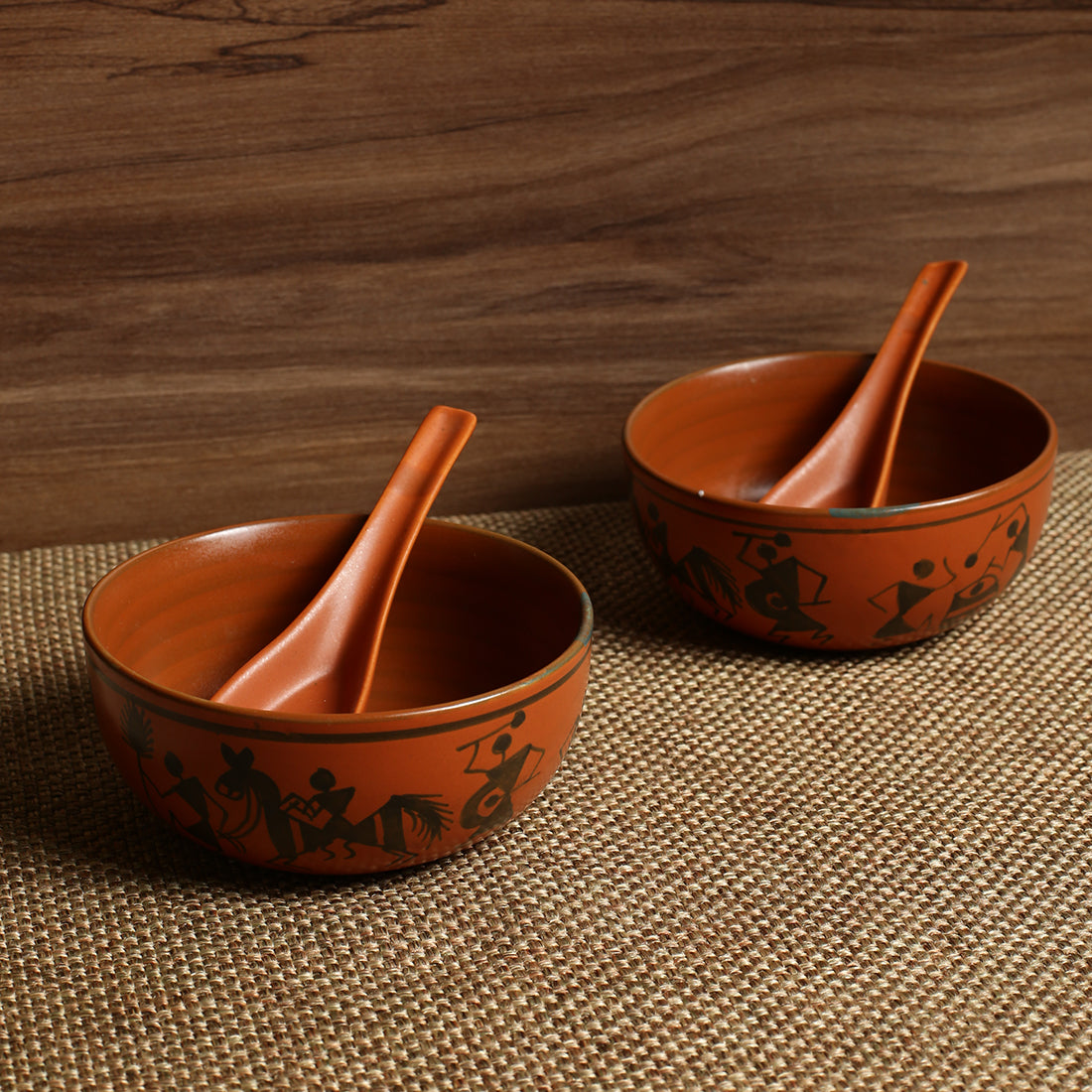EXCLUSIVELANE 'Bowl Dancing' Warli Handpainted Soup Dishes With Spoons In Ceramic (Set Of 2) - view 2