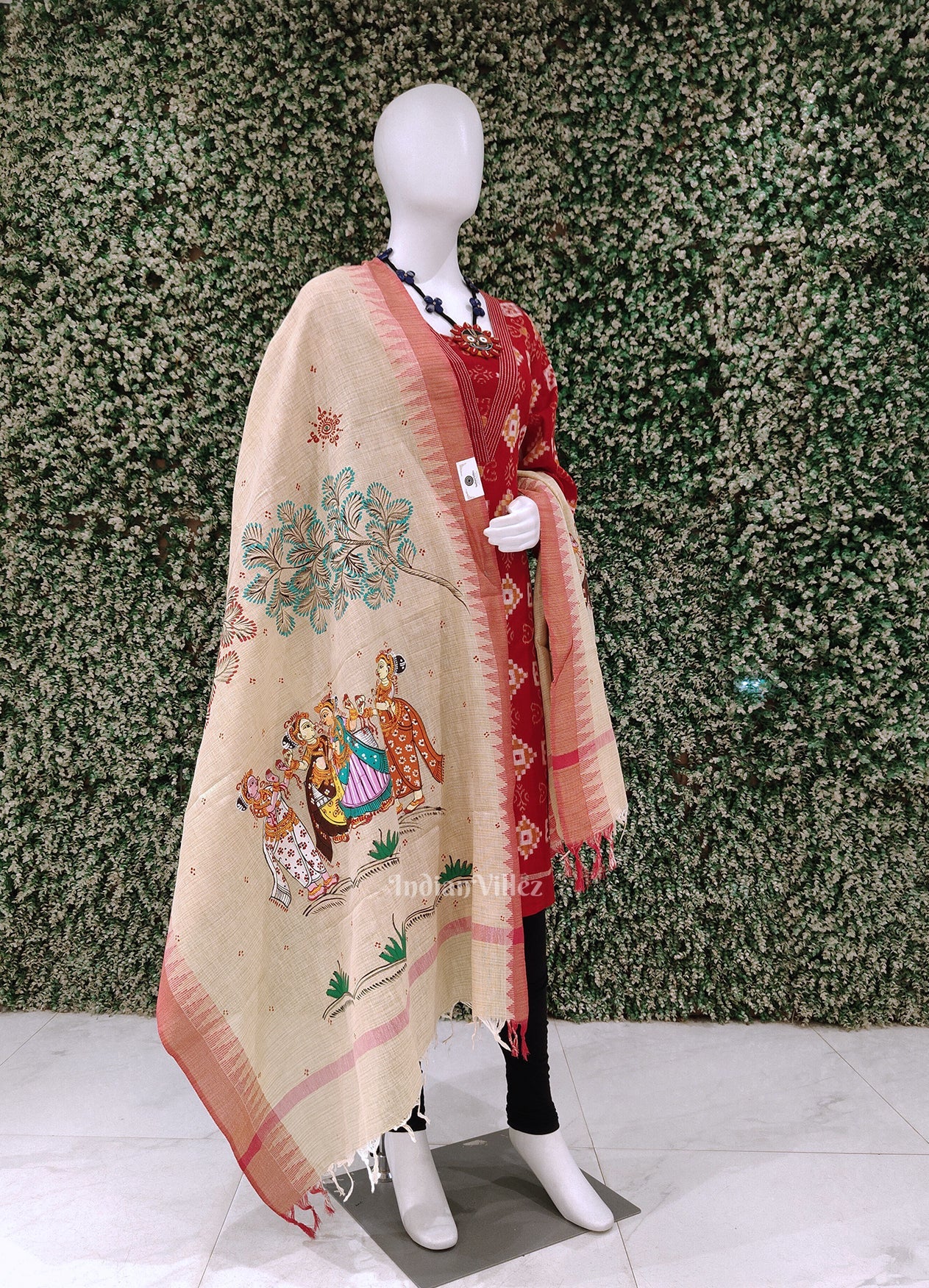 IndianVillèz Cream Pink dancing Sakhi Hand-Painted Tussar Pattachitra Dupatta