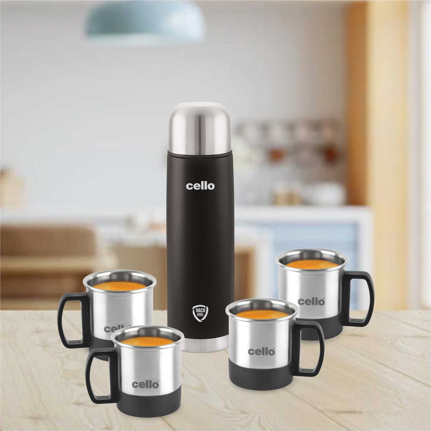 Cello Duro Imperial Vacusteel Flask with Mugs Gift Set, 5 Pieces