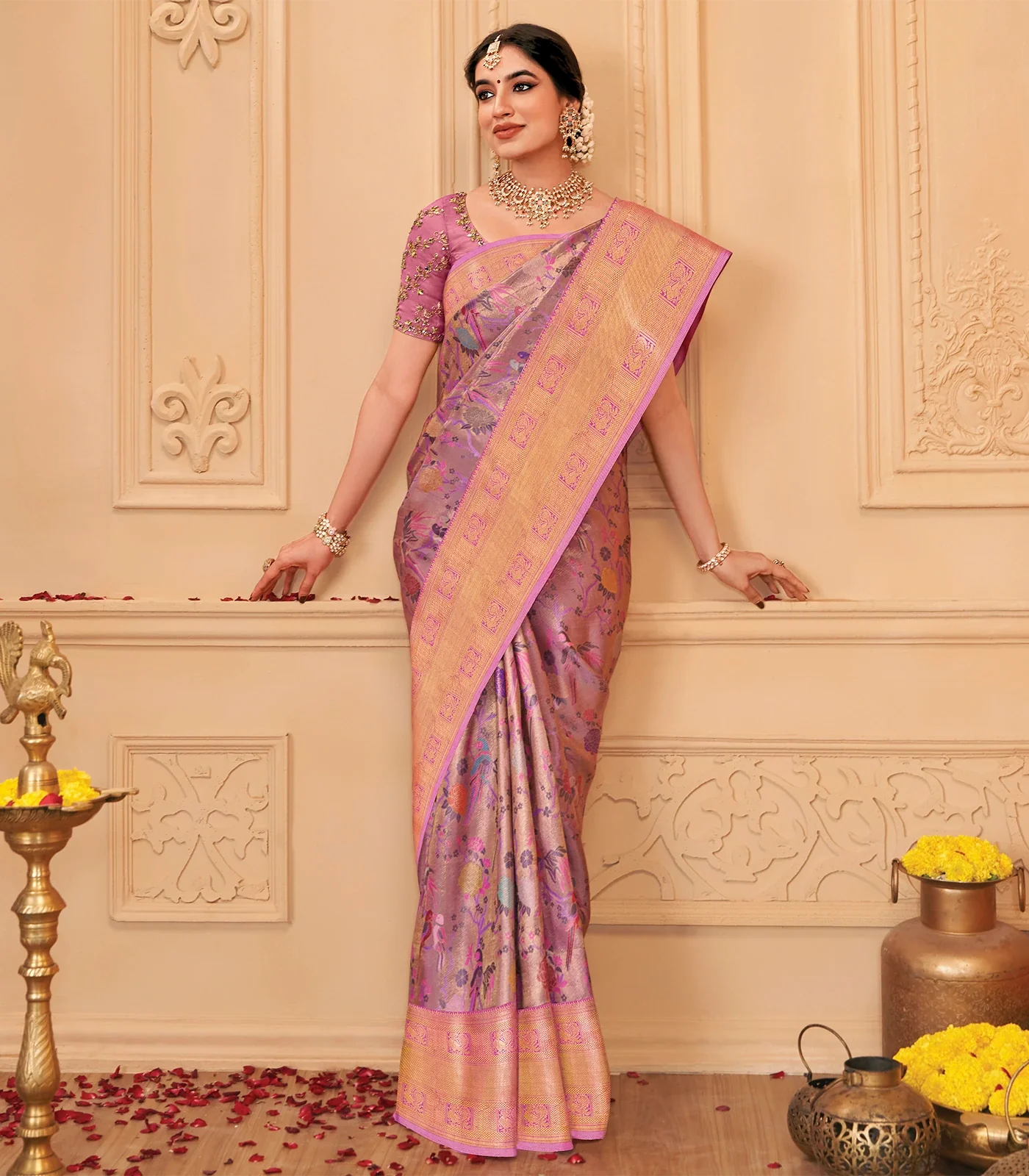 RmKV Silks Lavender Handloom Kanchipuram Silk Saree With Meena Bird Zari Motifs