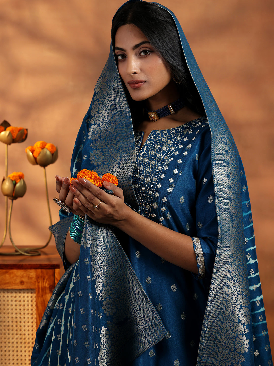 Libas Blue Woven Design Silk Blend Straight Suit With Dupatta - view 6