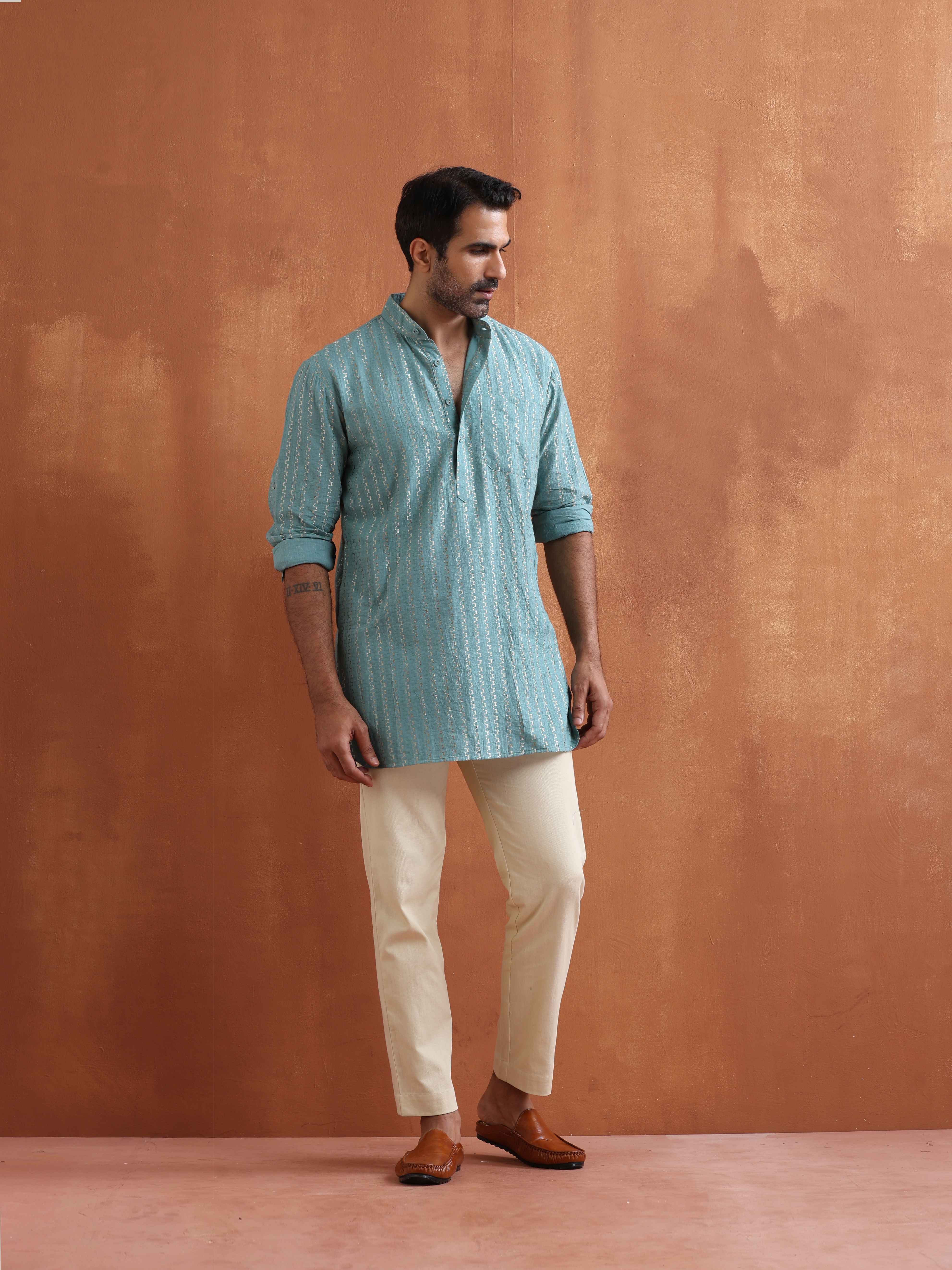 trueBrowns Men's Green Cotton Dobby Short Kurta - view 8