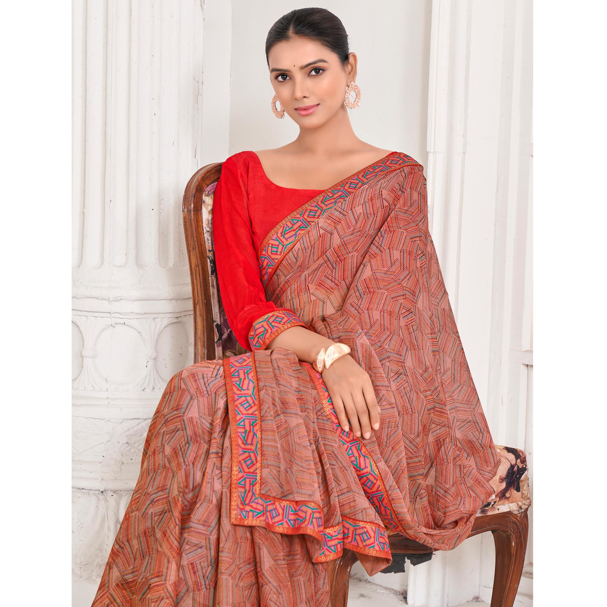 Peachmode Brick Red Geometric Printed Chiffon Saree With Lace Border - view 4