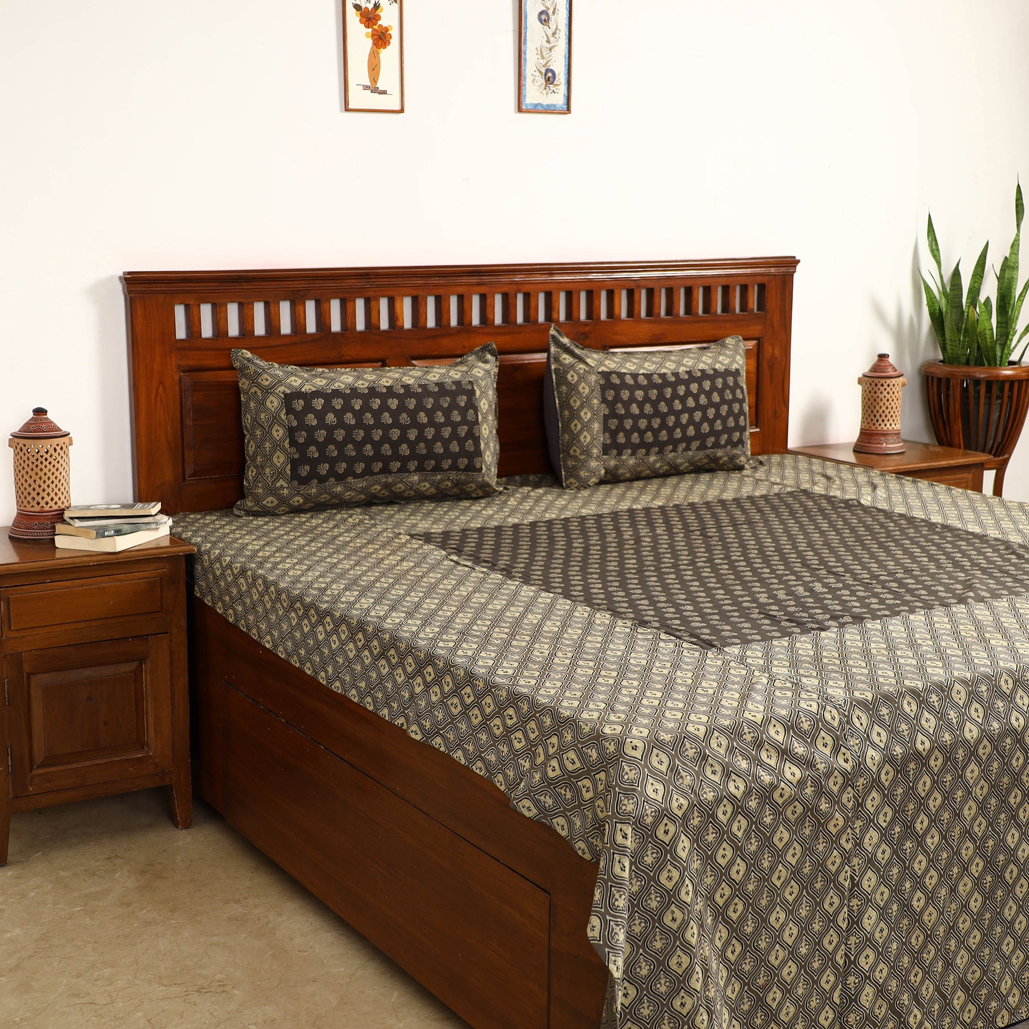 NOORI BAZAR Brown - Ajrakh Block Printed Patchwork Cotton Double Bed Cover with Pillow Covers (108 x 90 In)