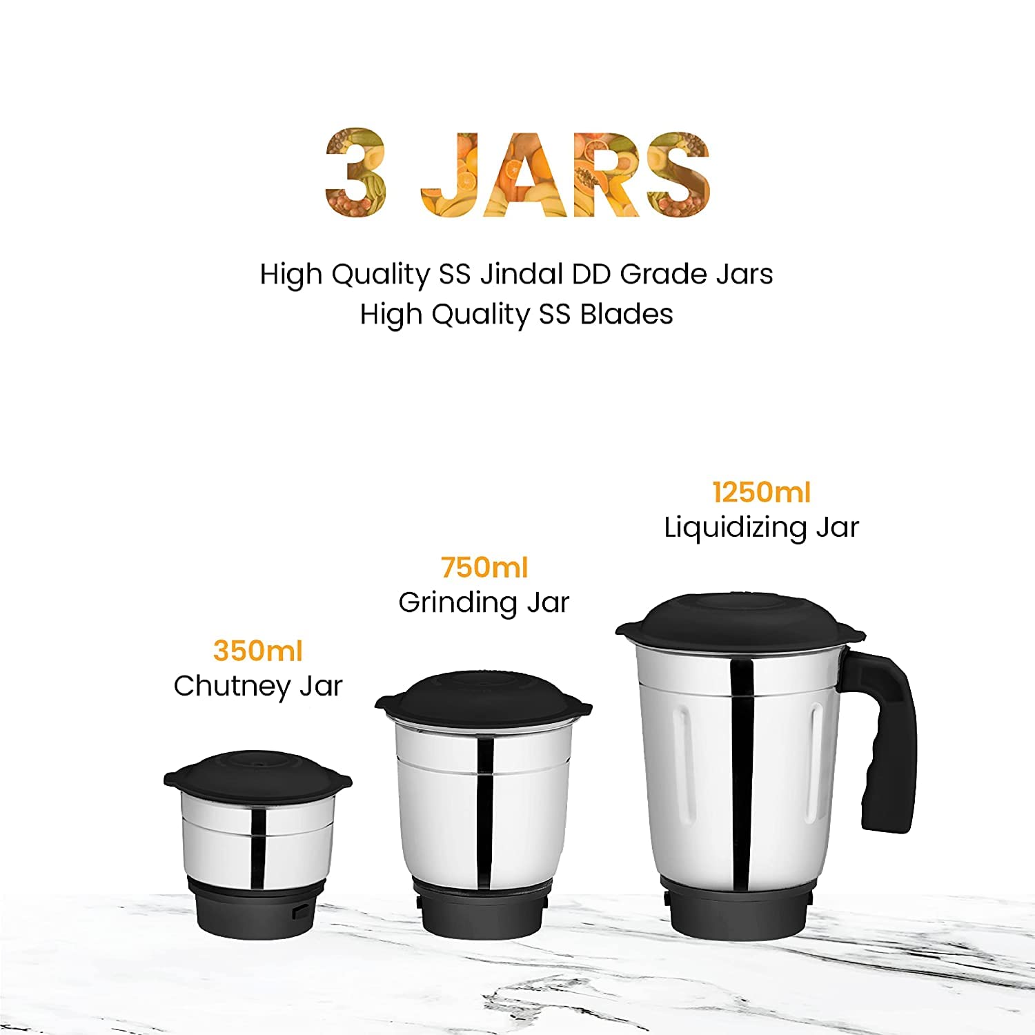 Candes MG154 Maple 550-Watt Mixer Grinder with 3 Jars (Powerful Motor and 2 Year Warranty Orange/Black) + Quick Hand Vegetables & Fruit Chopper Black, - view 6