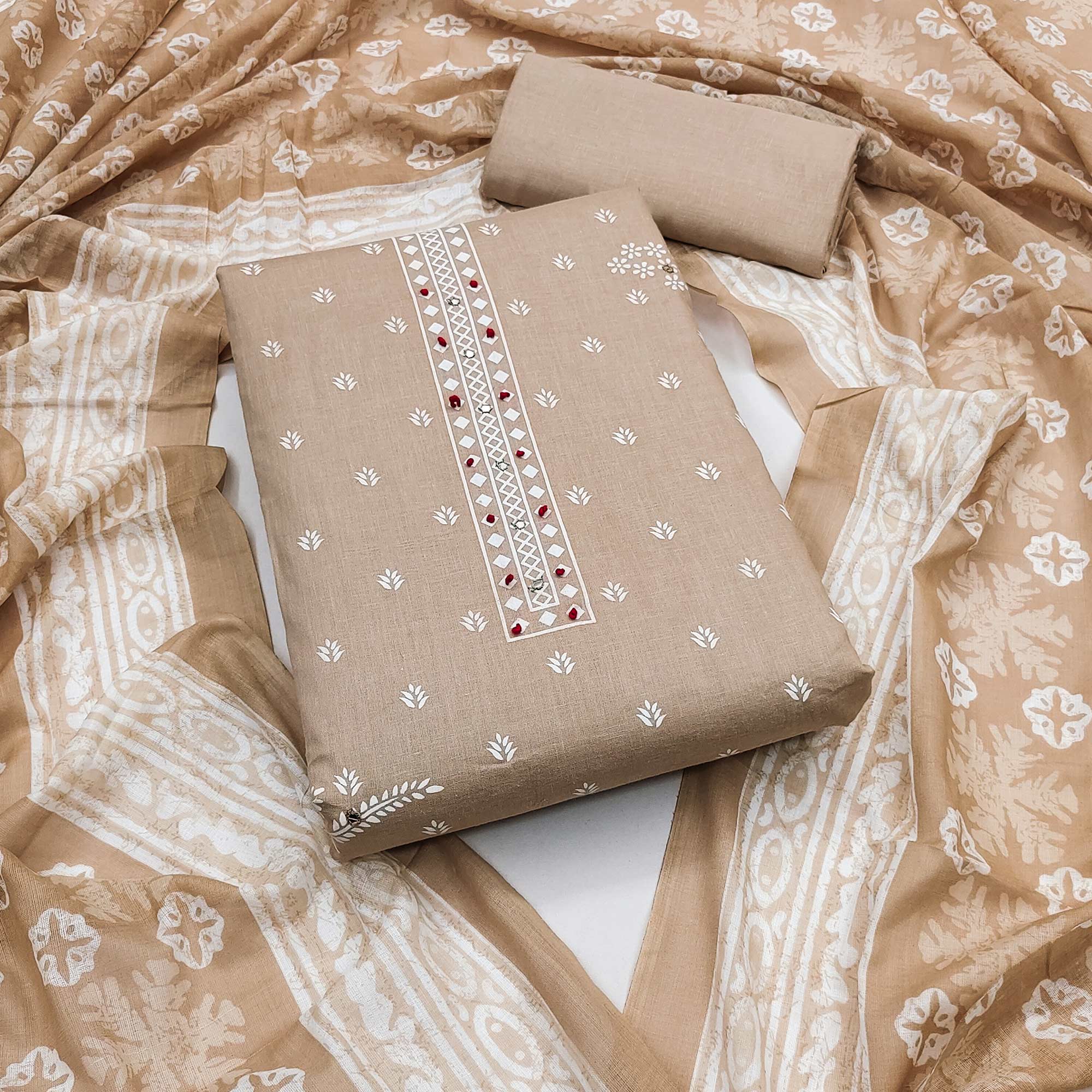 Peachmode Chikoo Floral Printed Pure Cotton Dress Material