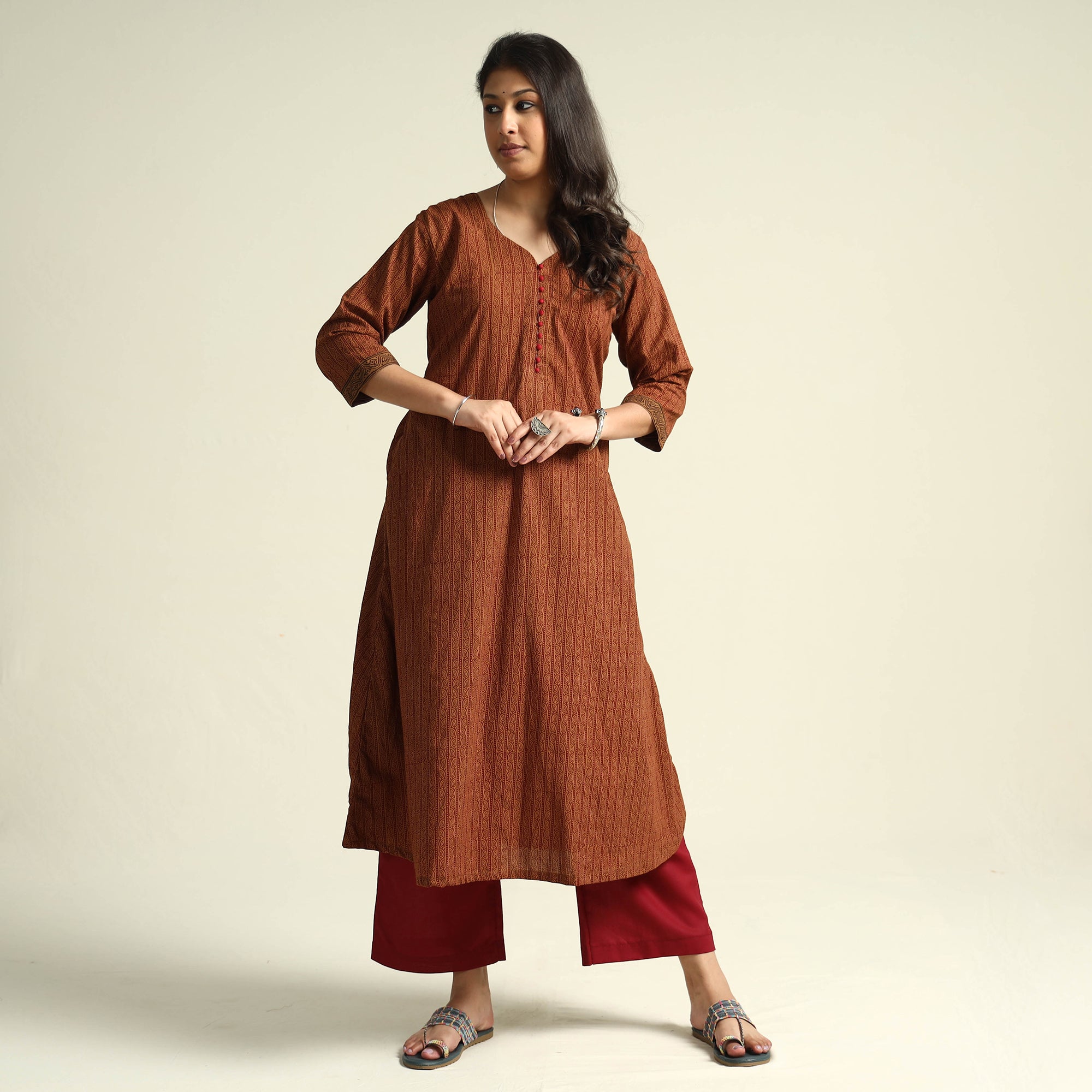 ITOKRI CASUALS Brown - Bagh Block Printed Cotton Kurta with Palazzo Set - view 3