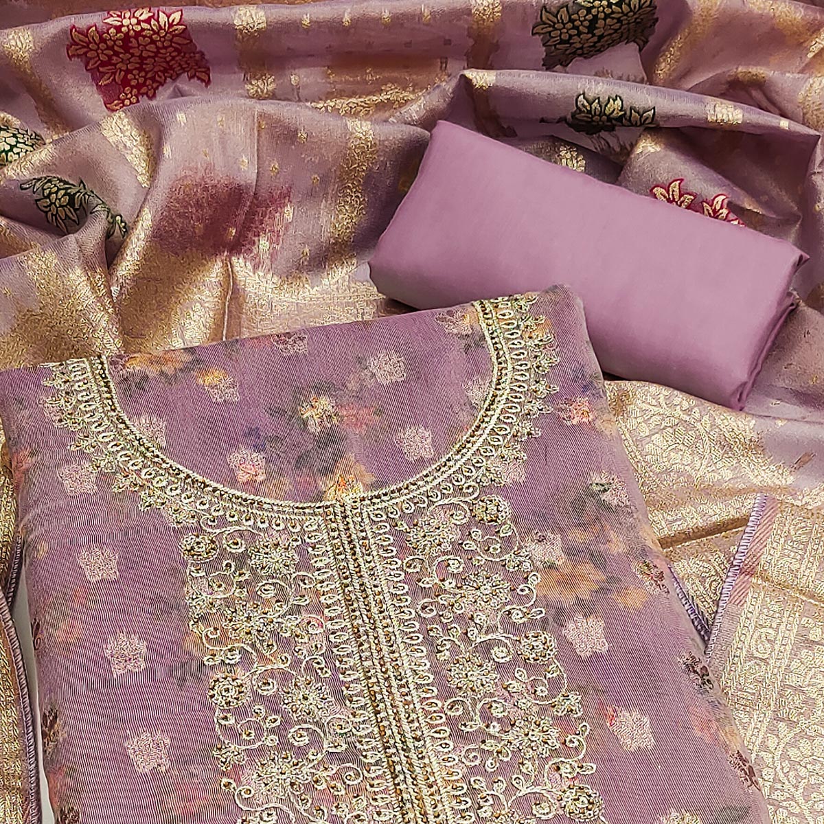Peachmode Mauve Floral Print With Zari Woven Cotton Silk Dress Material - view 2
