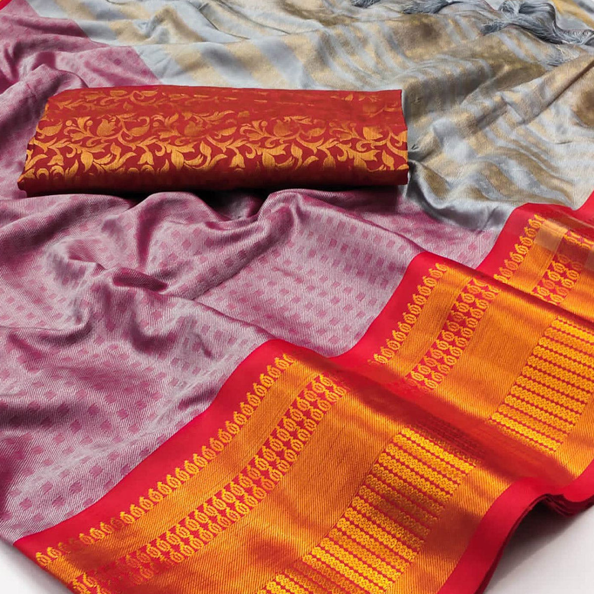 Peachmode Grey Woven Cotton Silk Saree With Tassels - view 2