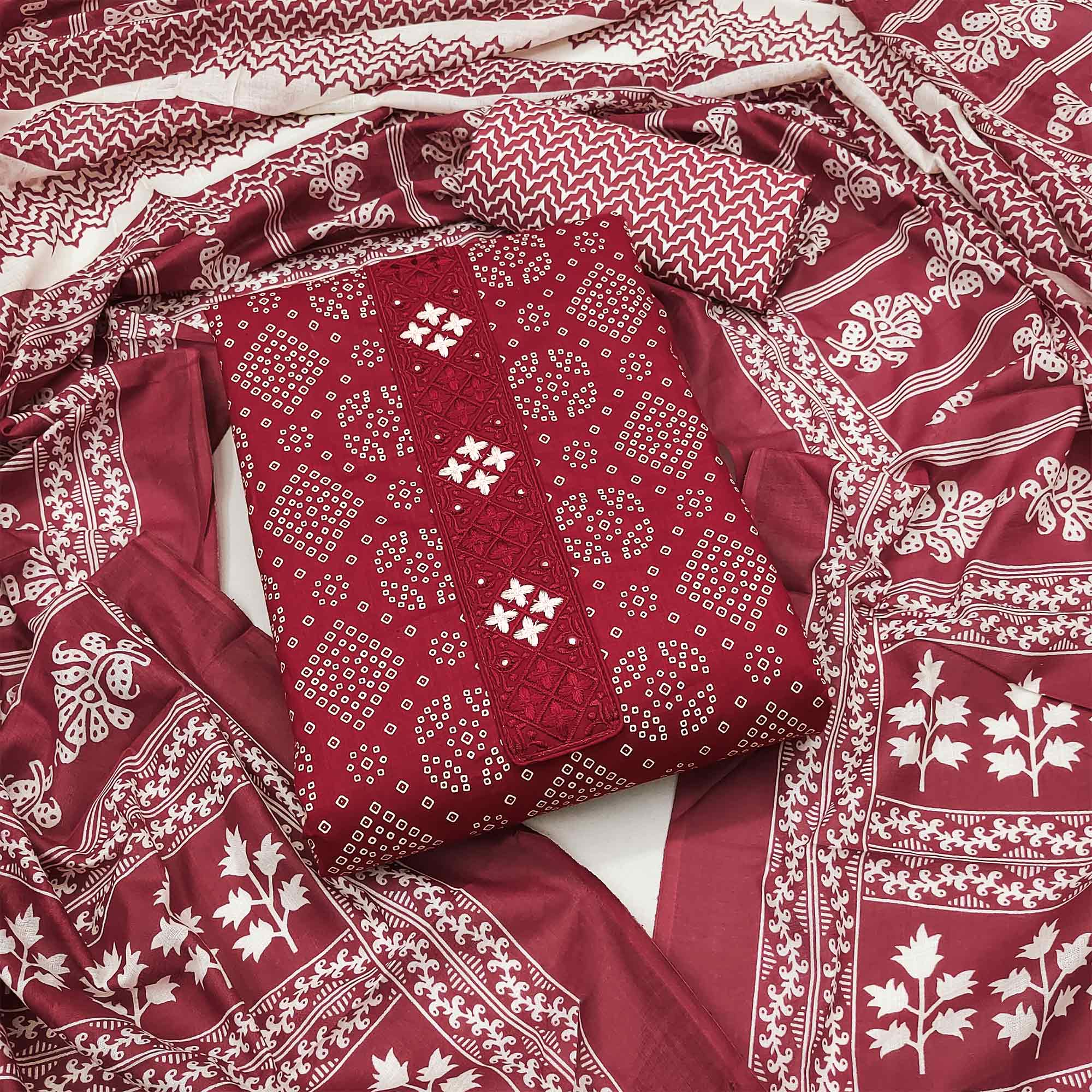 Peachmode Maroon Floral Printed Pure Cotton Dress Material