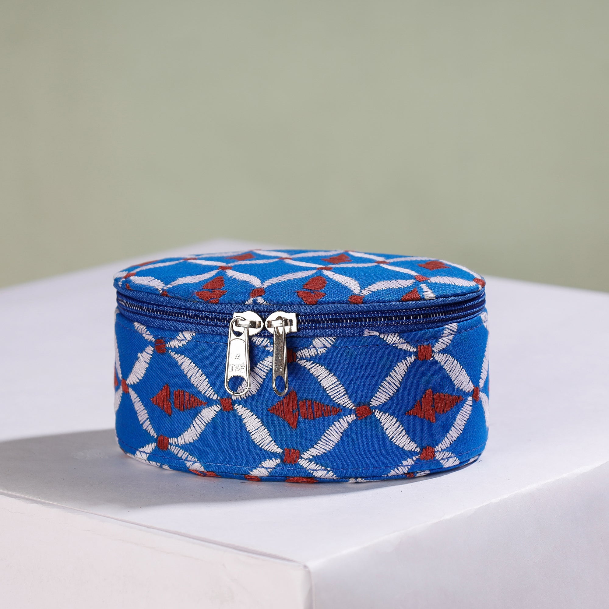 ASALKAAR Blue - Bengal Kantha Work Handcrafted Oval Jewelry Box with Mirror