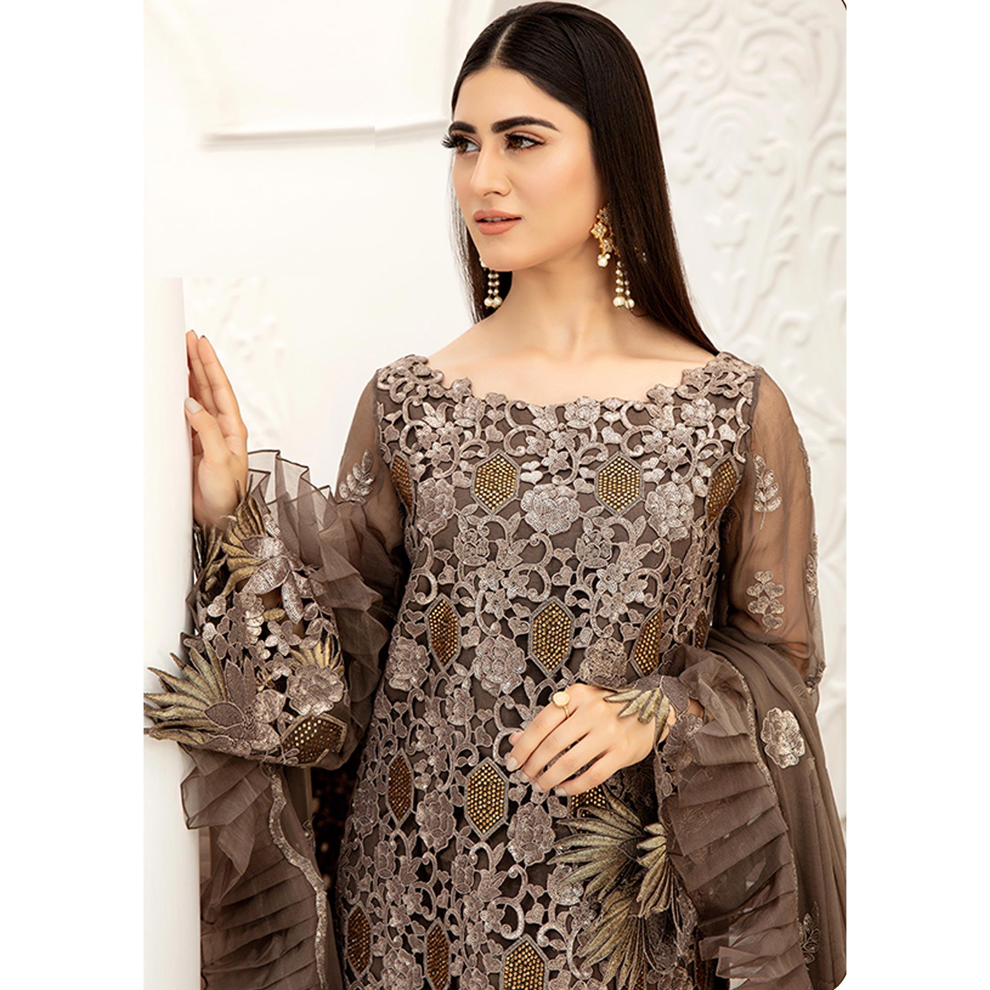Peachmode Brown Embellished With Embroidered Net Pakistani Suit - view 4