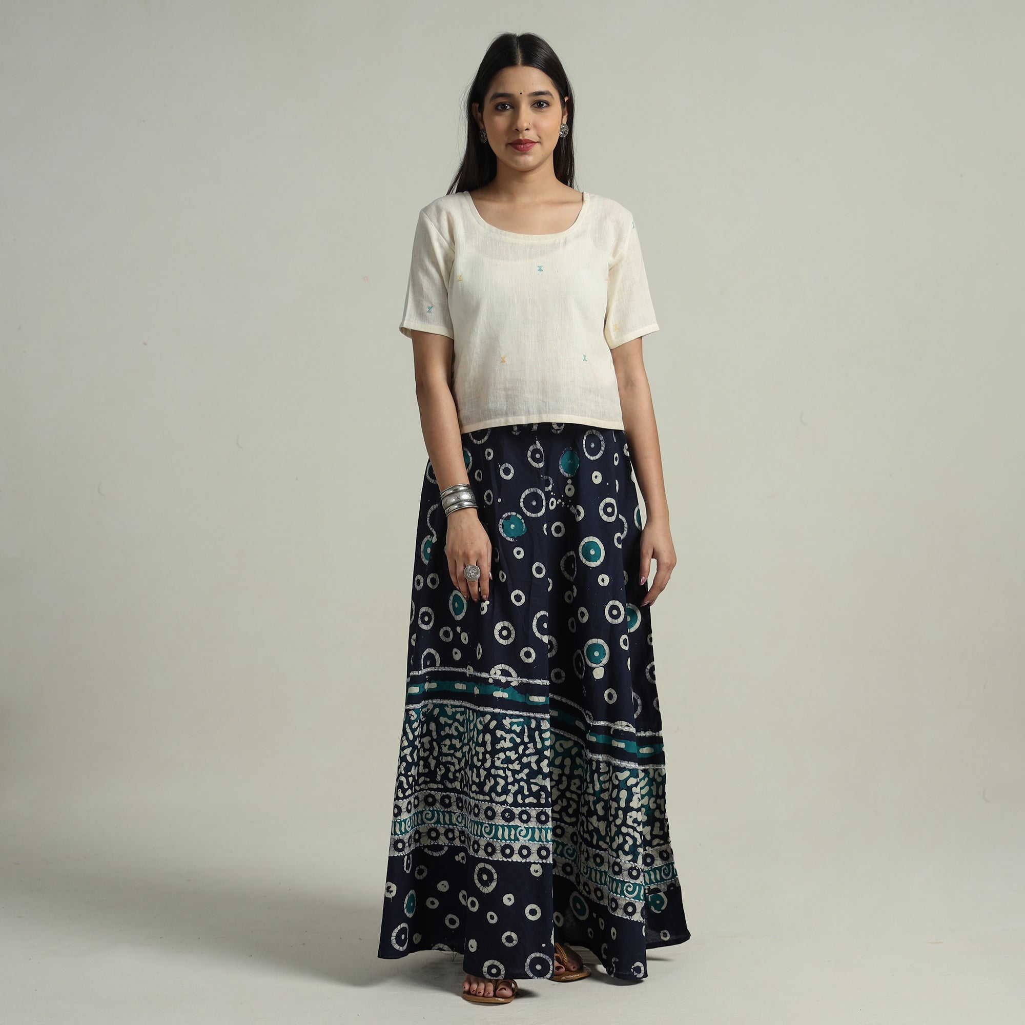 KACHCHH JI CHHAAP Blue - Hand Batik Printed Running Stitch Cotton Long Skirt 93