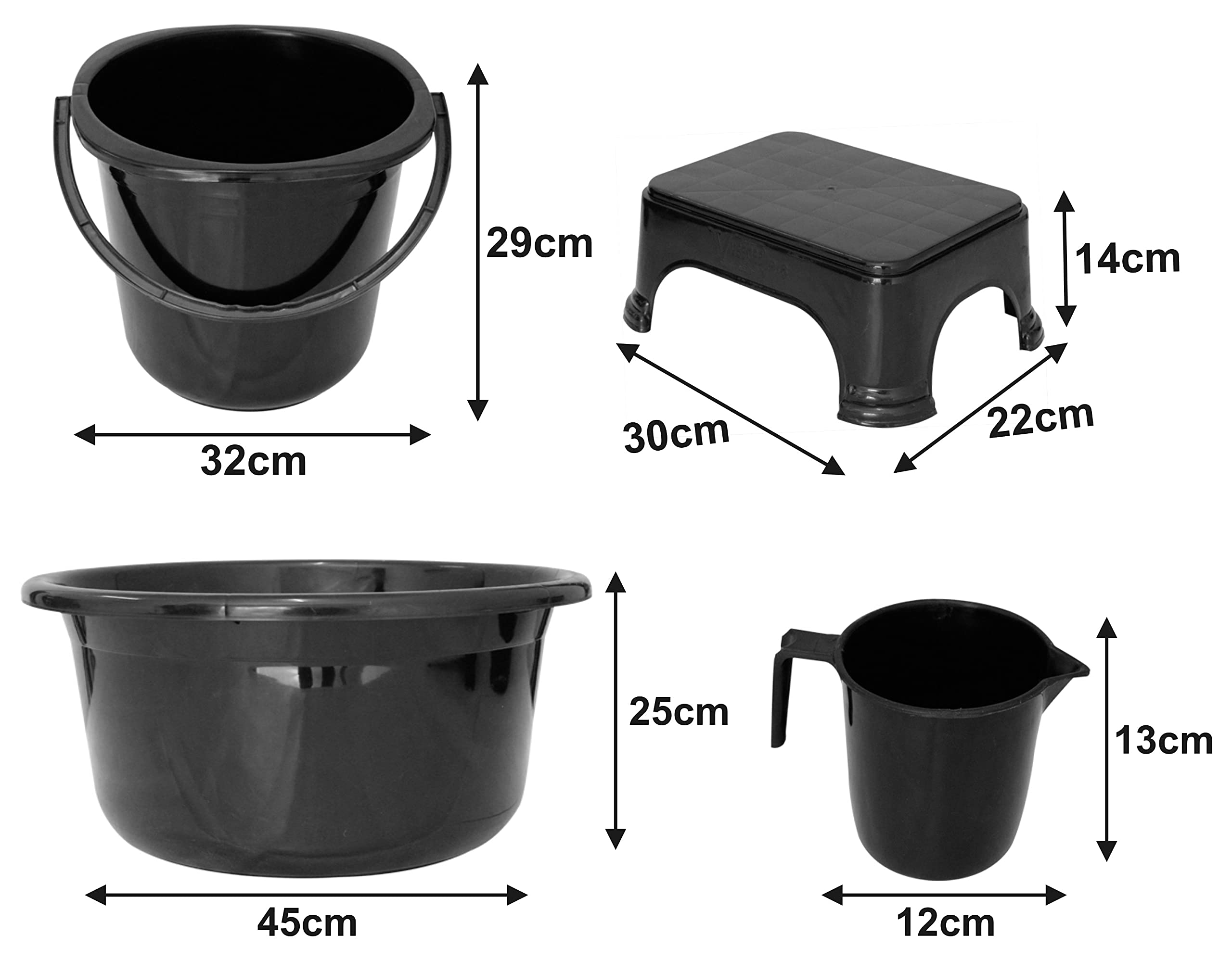 Heart Home 4 Pieces Plastic Bucket, Stool, Mug & Tub Set (Black) - view 6