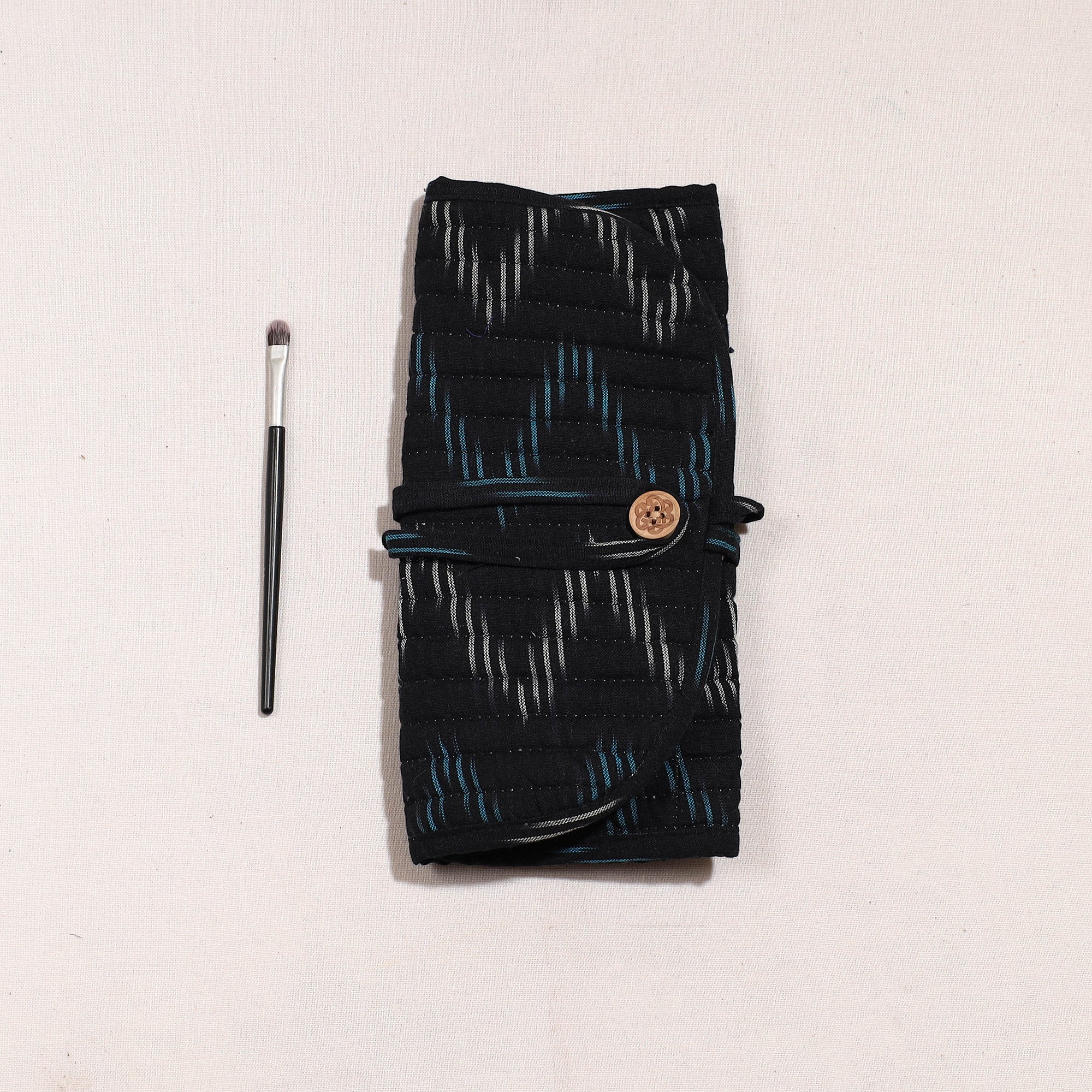 NOORI BAZAR Black - Ikat Fabric Multipurpose Segmented Make-up Brush Wrap Pouch/Case - view 2