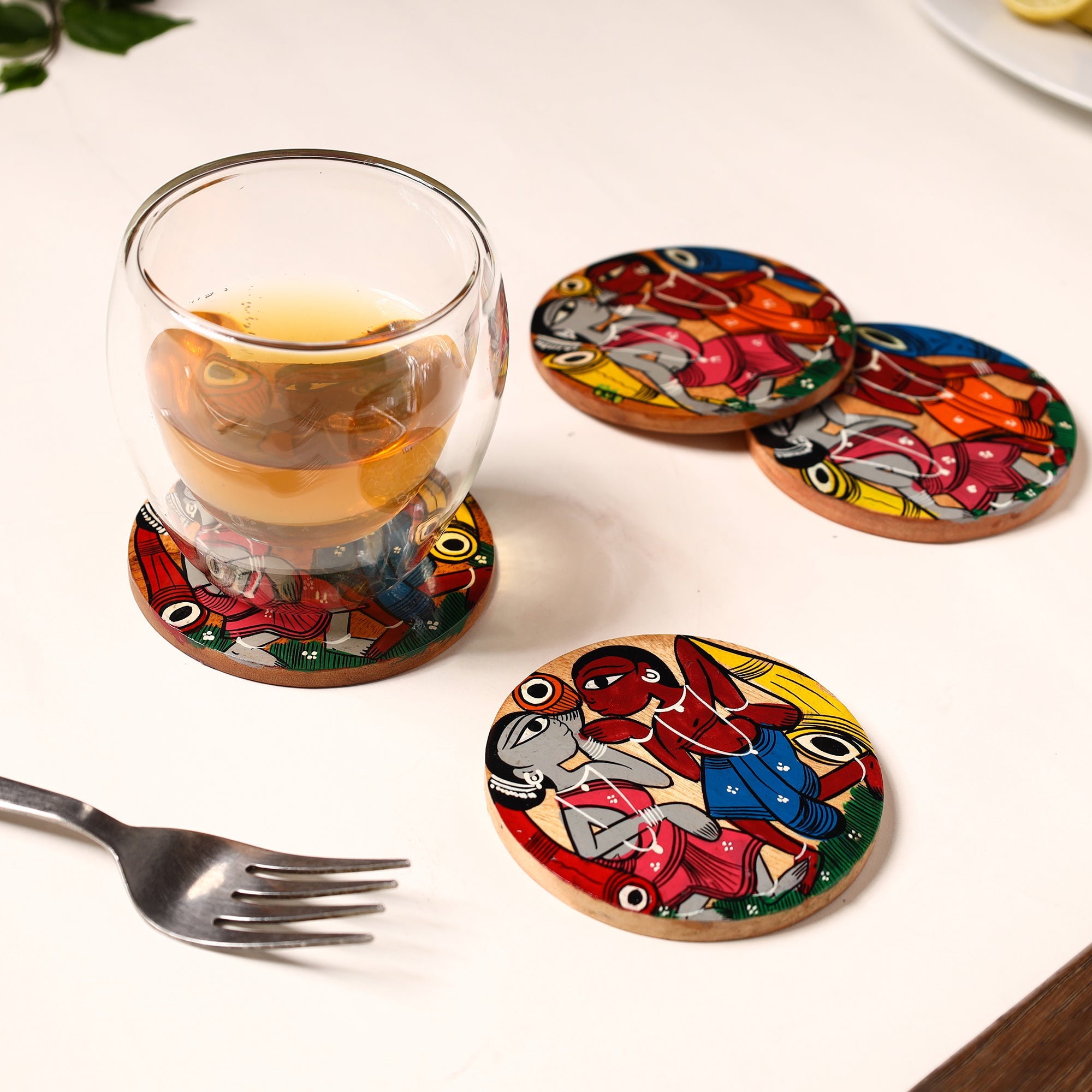 ITOKRI CRAFTS INITIATIVE Bengal Patua Handpainted Akashmoni Wooden Coasters (Set of 4) 05 - view 3