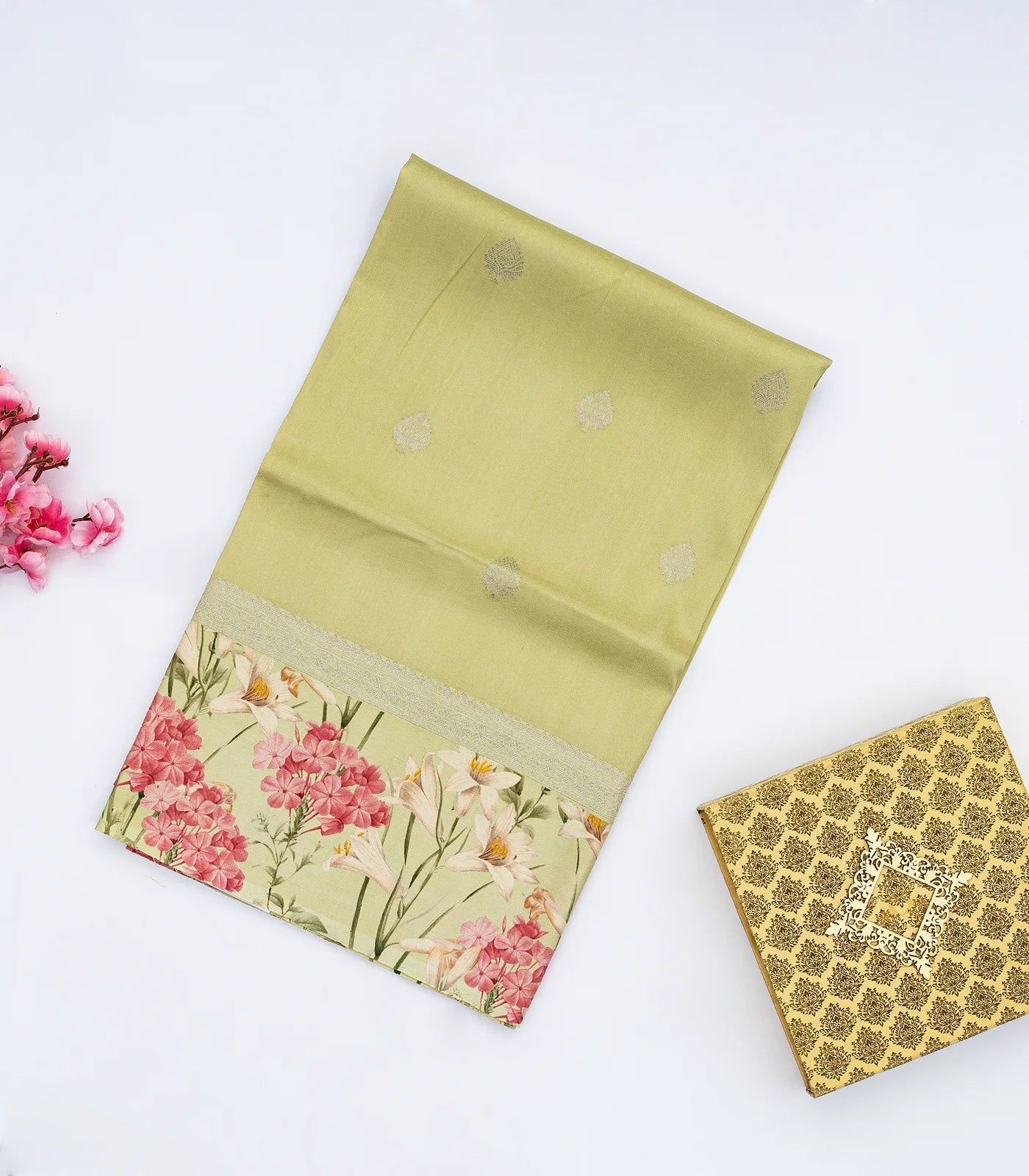 RmKV Gold Handloom Tussar Silk Saree With Floral Buttas & Printed Border