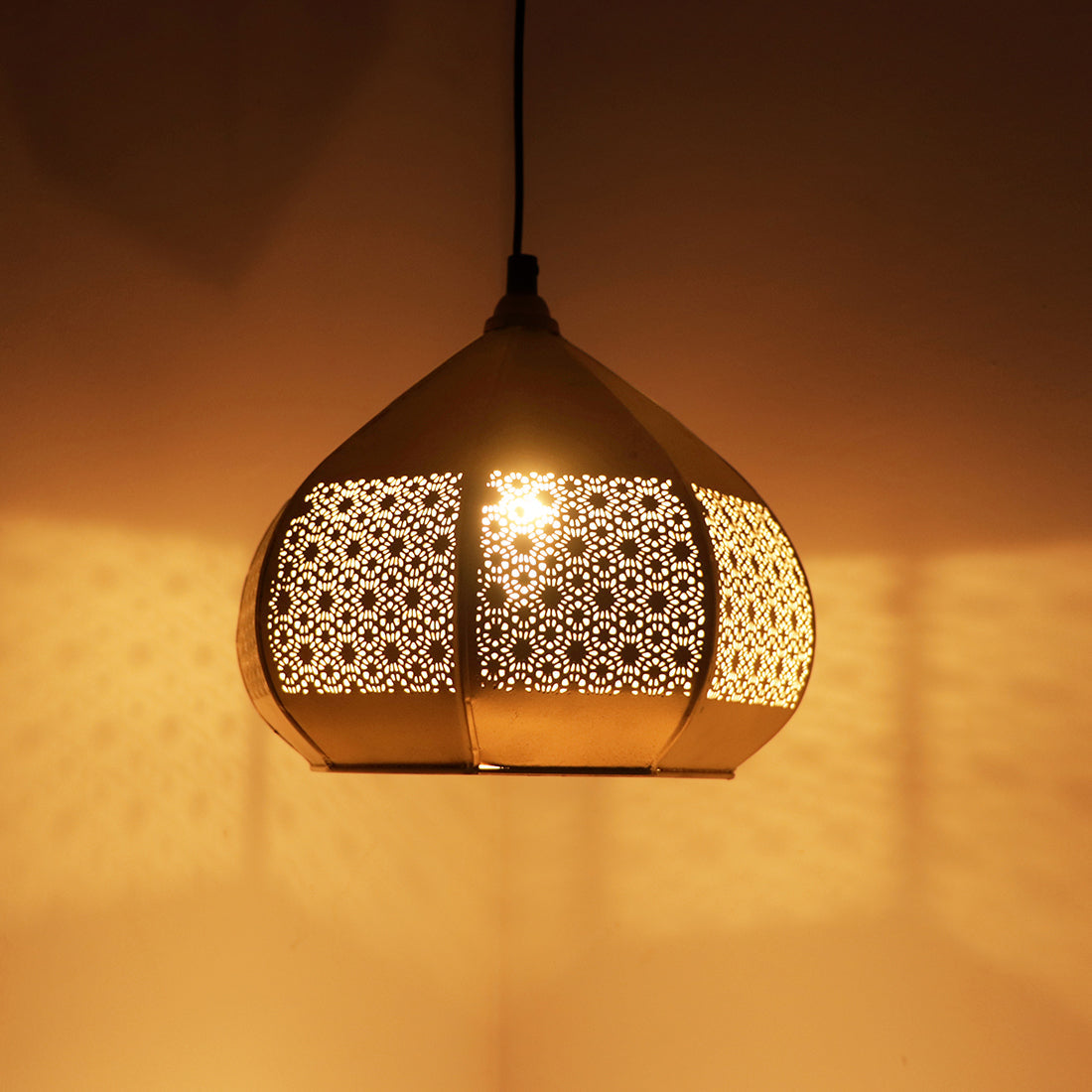 EXCLUSIVELANE 'Moroccan Paradise' Hand-Etched Pendant Lamp In Iron (8 Inch, Matte Finish)
