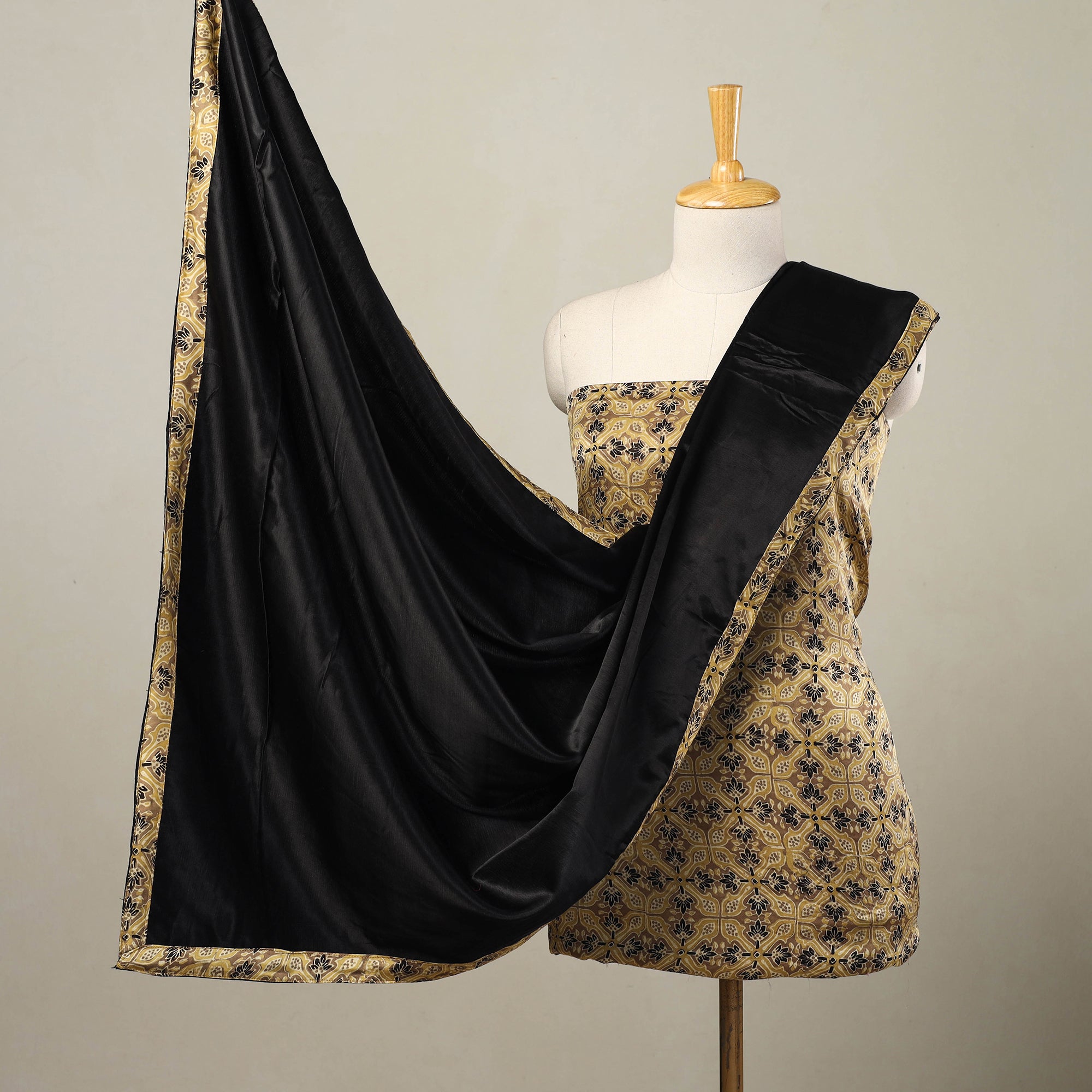 NOORI BAZAR Beige - 3pc Modal Silk Ajrakh Print Kurta with Plain Dupatta 03