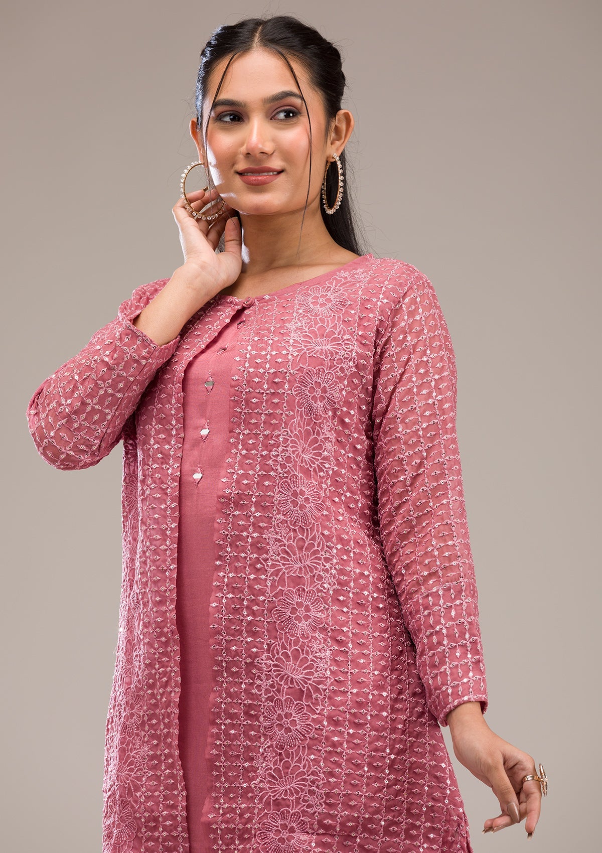 Koskii Onion Pink Threadwork Georgette Readymade Salwar Suit - view 6