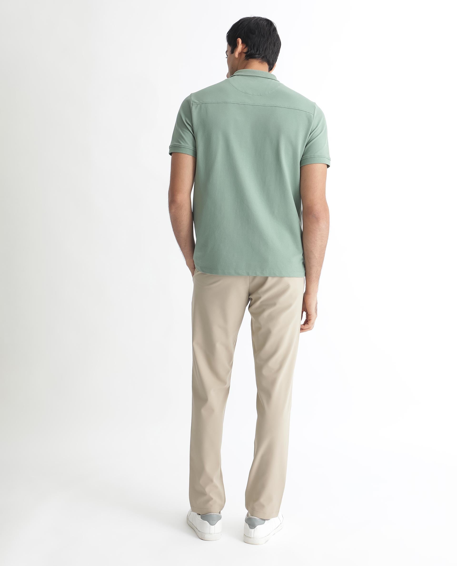 Rare Rabbit Men's Saliso Light Green Cotton Fabric Collared Neck Zipper and Snap Button Closure Half Sleeve Polo T-Shirt - view 5