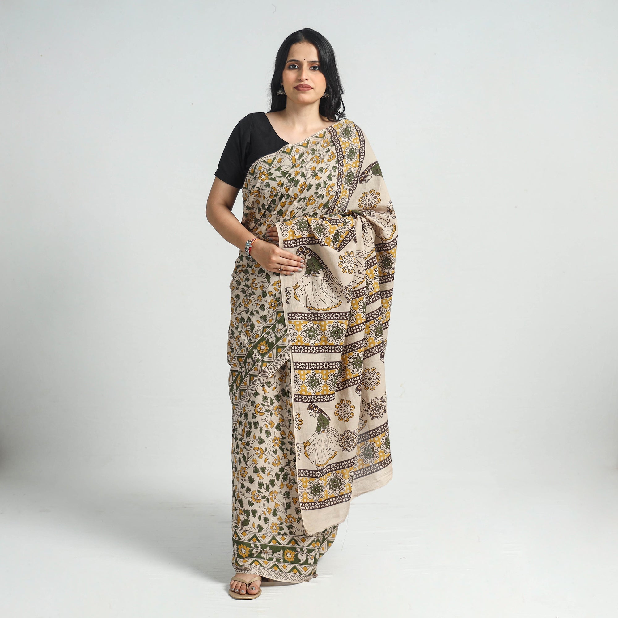 SOUTH KARGHA Beige - Printed Cotton Kalamkari Saree with Blouse Piece 07