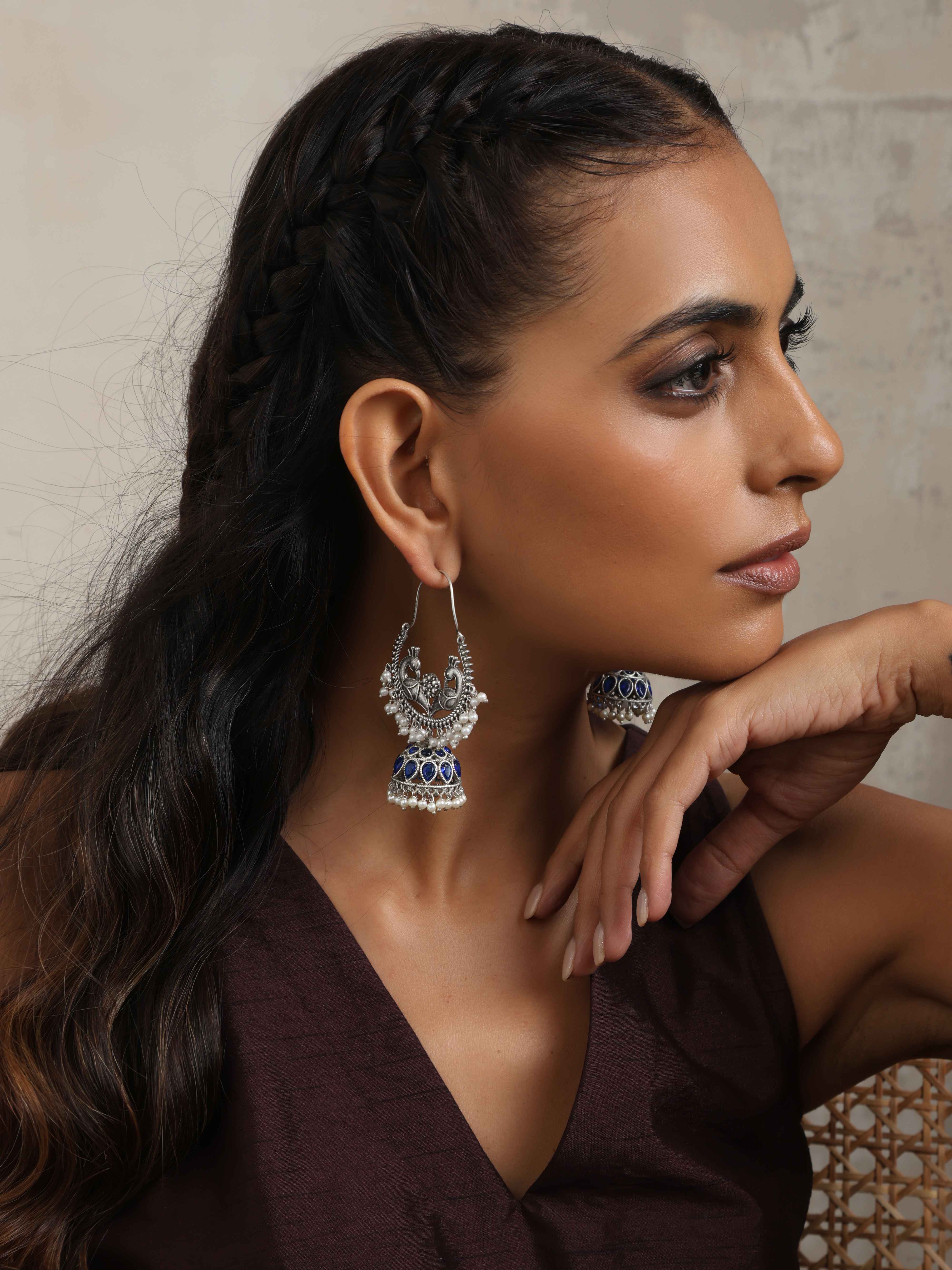 trueBrowns Silver Tone Peacock Jhumka Earrings - view 2