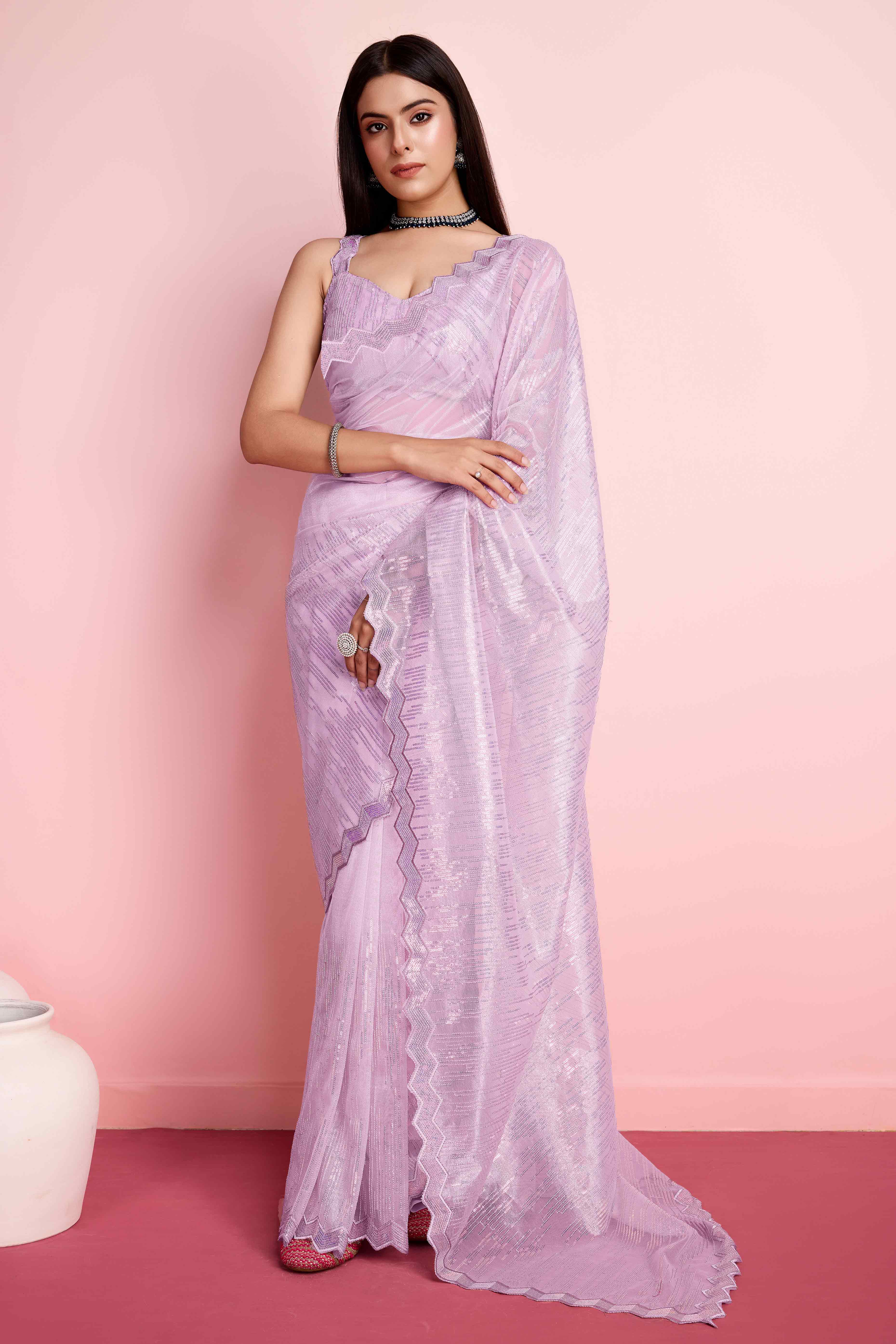 Peachmode Lavender Sequins Embroidered Silver Twill Net Saree - view 3