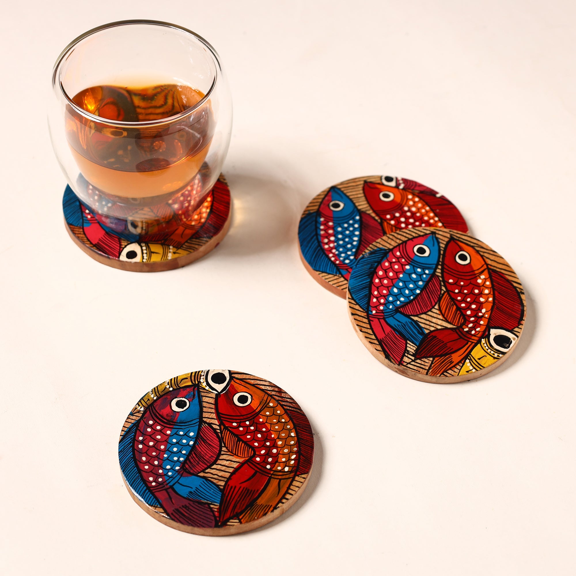 ITOKRI CRAFTS INITIATIVE Bengal Patua Handpainted Akashmoni Wooden Coasters (Set of 4) 22