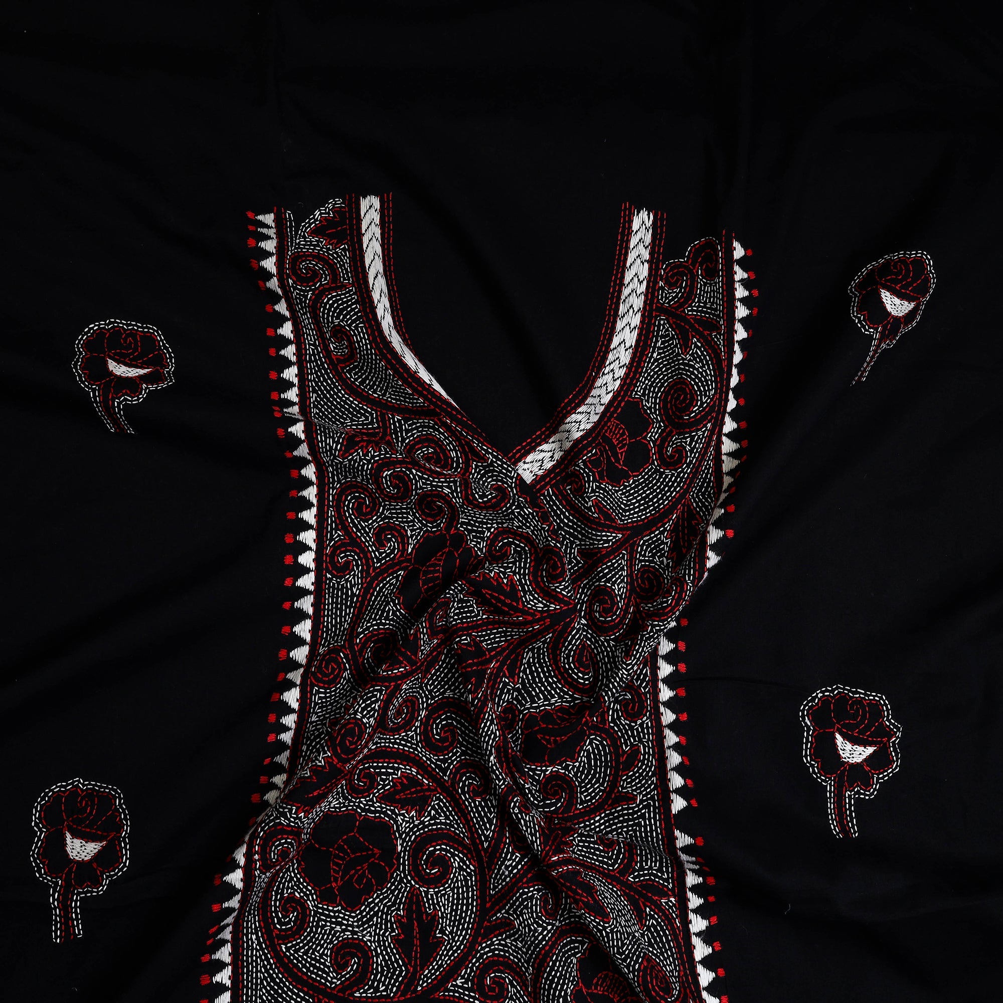 KHUSHBASH - HAPPY LOOM OF EAST Black - Bengal Kantha Embroidery Cotton Kurta Material - (2.75m) 13 - view 2