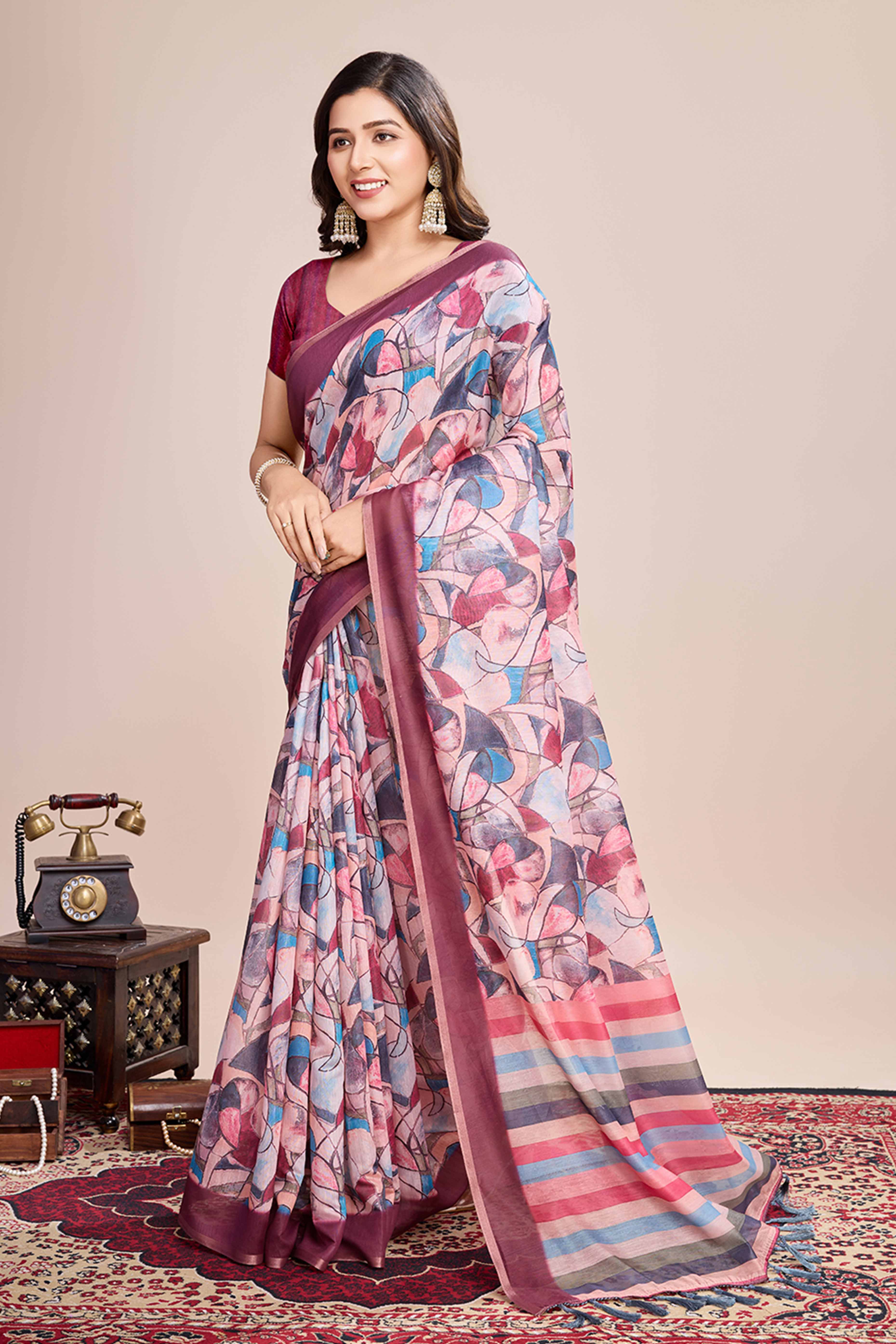 Peachmode Multicolor Floral Printed Linen Saree