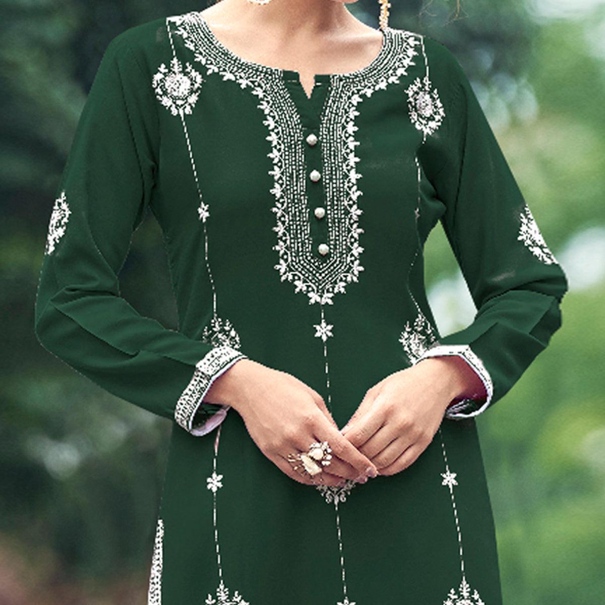 Peachmode Bottle Green Floral Embroidered Rayon Kurti - view 3