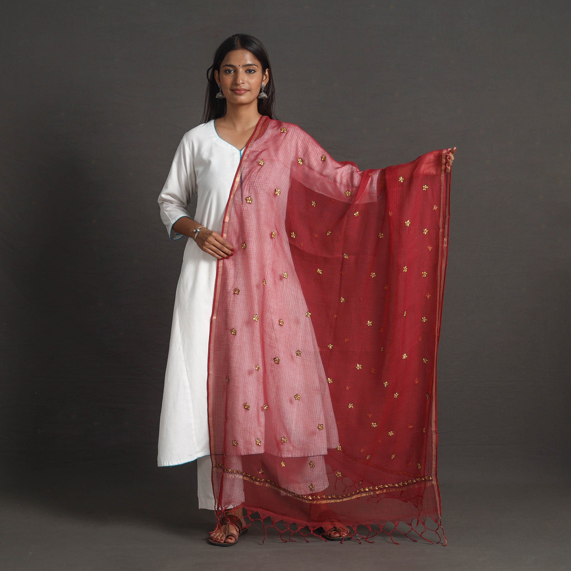 ITOKRI CRAFTS INITIATIVE Kota Doria Silk Cotton Kashida Embroidery Dupatta 35