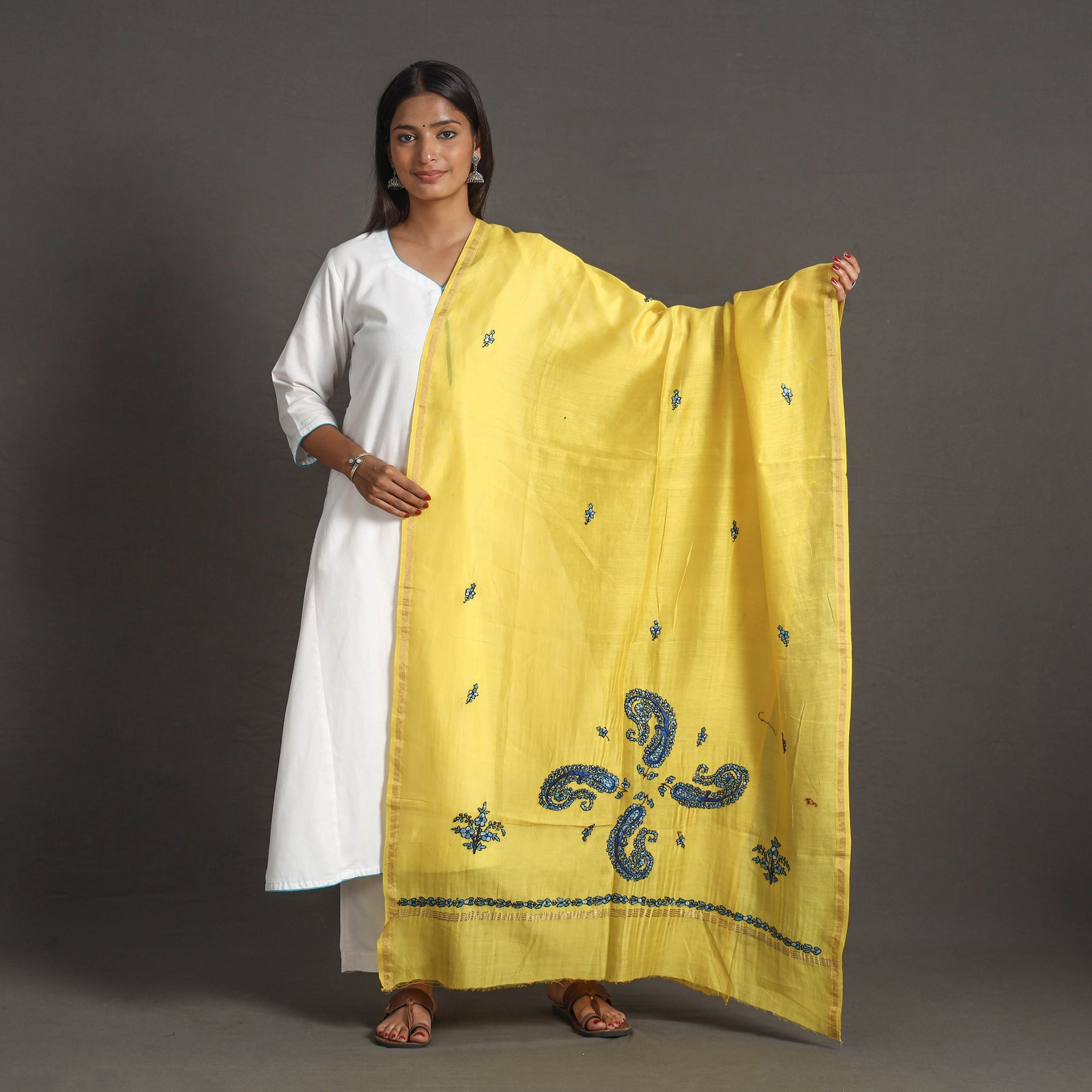 ITOKRI CRAFTS INITIATIVE Handloom Chanderi Silk Kashida Embroidery Dupatta 14