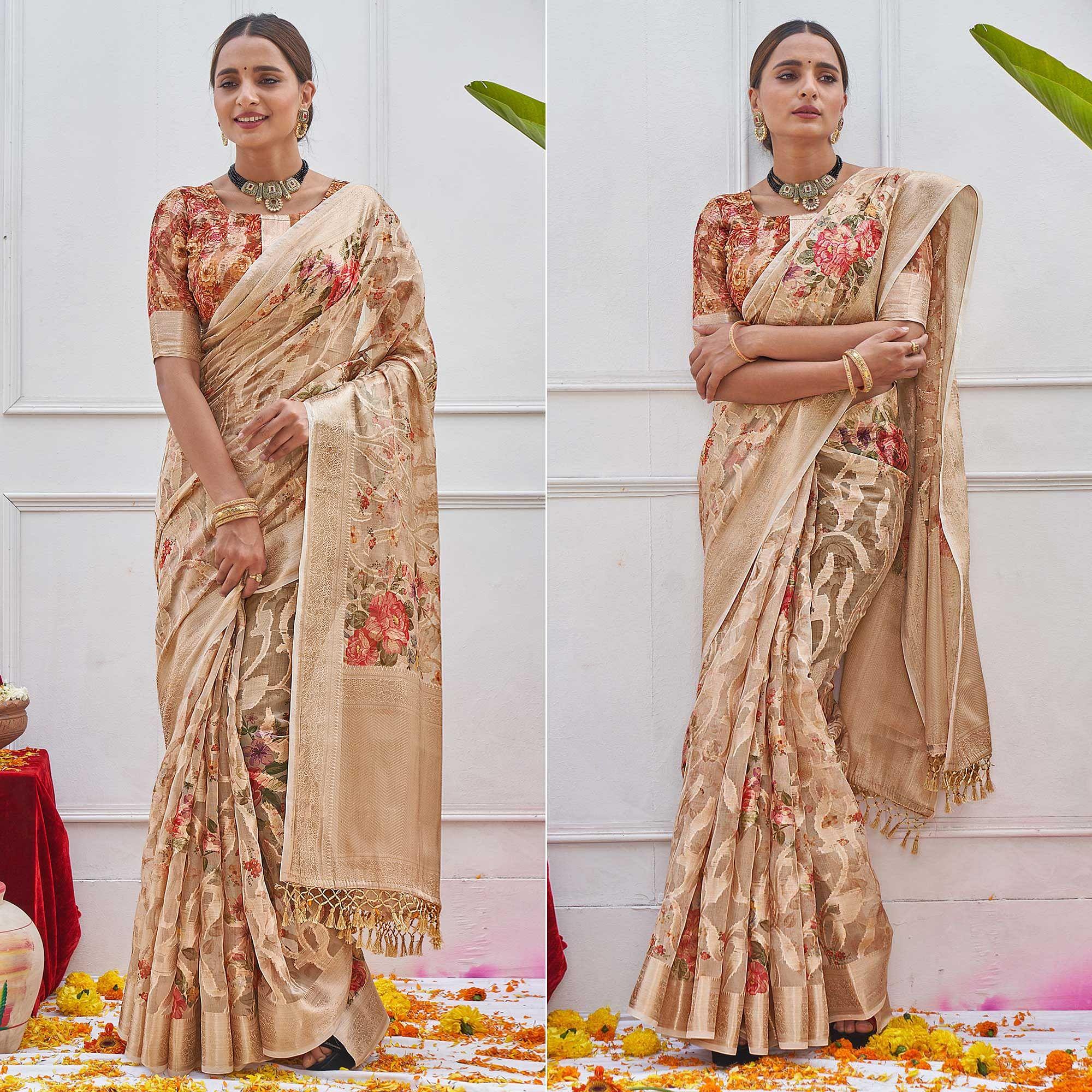 Peachmode Chikoo Woven With Printed Organza Saree