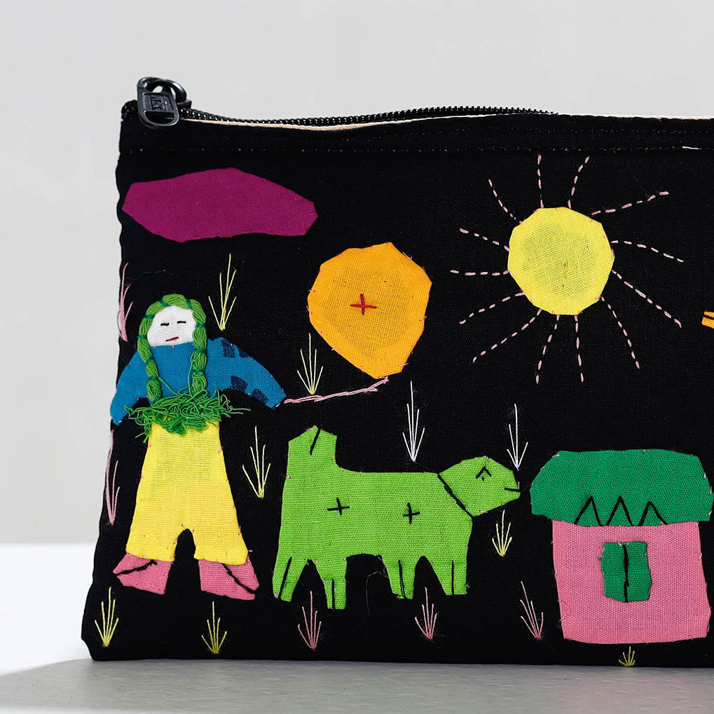ASHOKA ASSEMBLE - CELEBRATING CRAFTS OF ODISHA Black - Pipli Applique Work Cotton Cosmetic Pouch - view 2