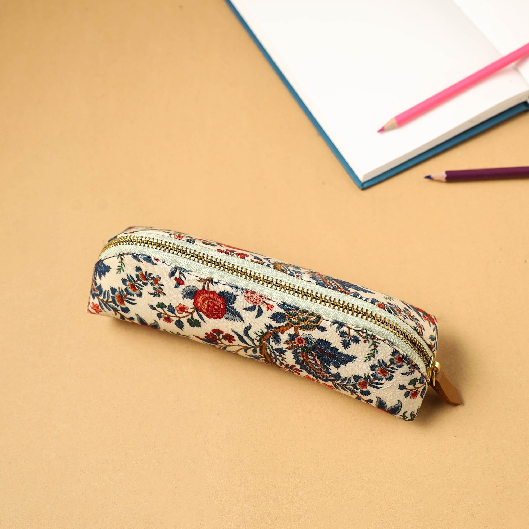SUKRITI INPRINT Beige - Floral Print Handcrafted Pencil Pouch 42