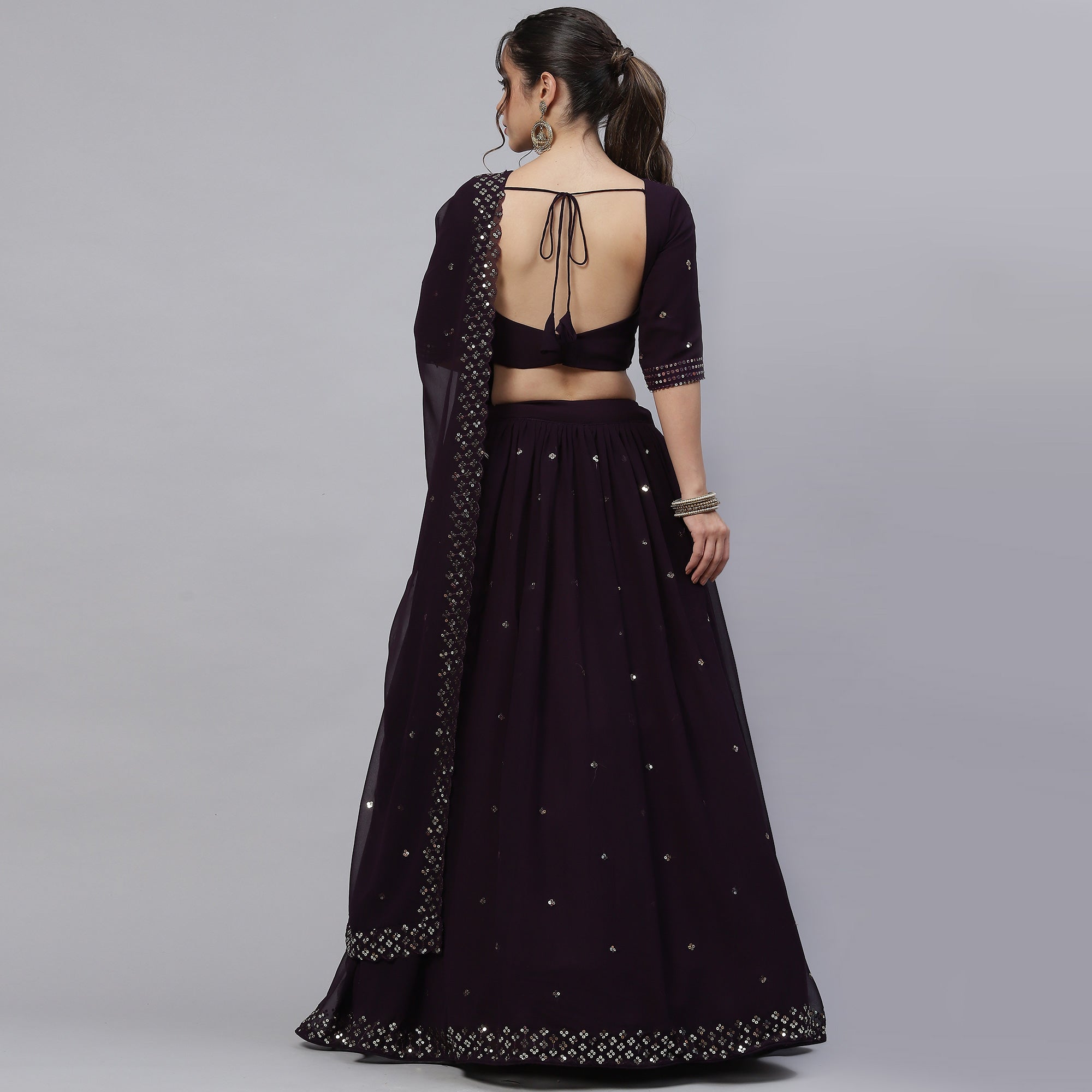 Peachmode Dark Purple Sequins Embroidered Georgette Lehenga Choli - view 6