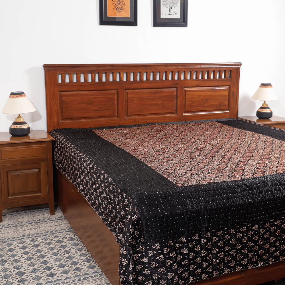KACHCHH JI CHHAAP Black - Reversible Ajrakh Patch & Tagai Work Mashru Silk Double Bed Cover / Quilt (102 x 84 in)